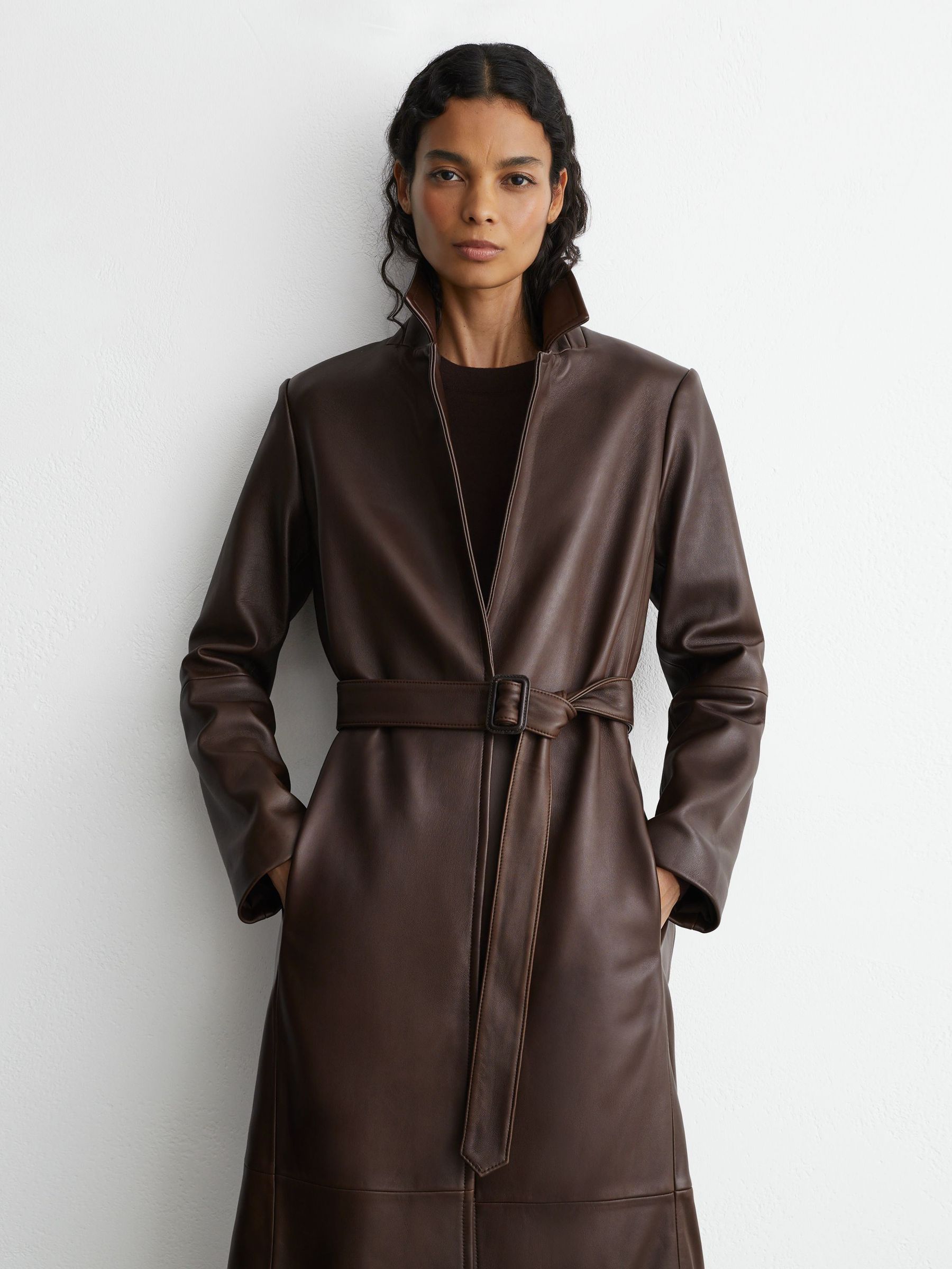Leather Belted Trench Coat in Chocolate Brown - Image 10 of 12
