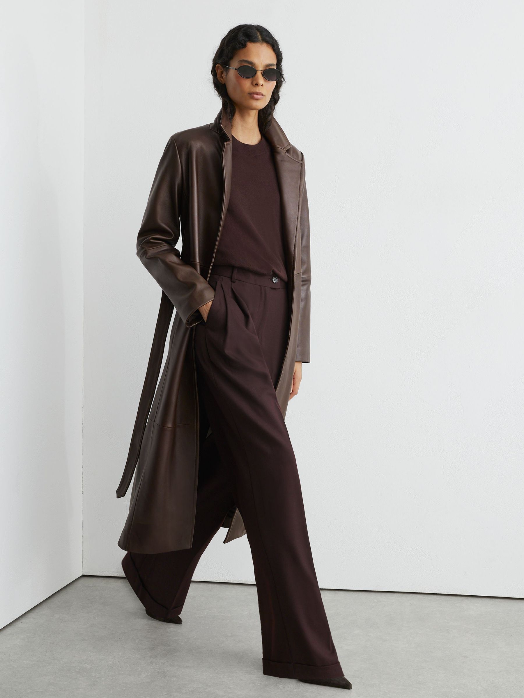Leather Belted Trench Coat in Chocolate Brown - Image 11 of 12