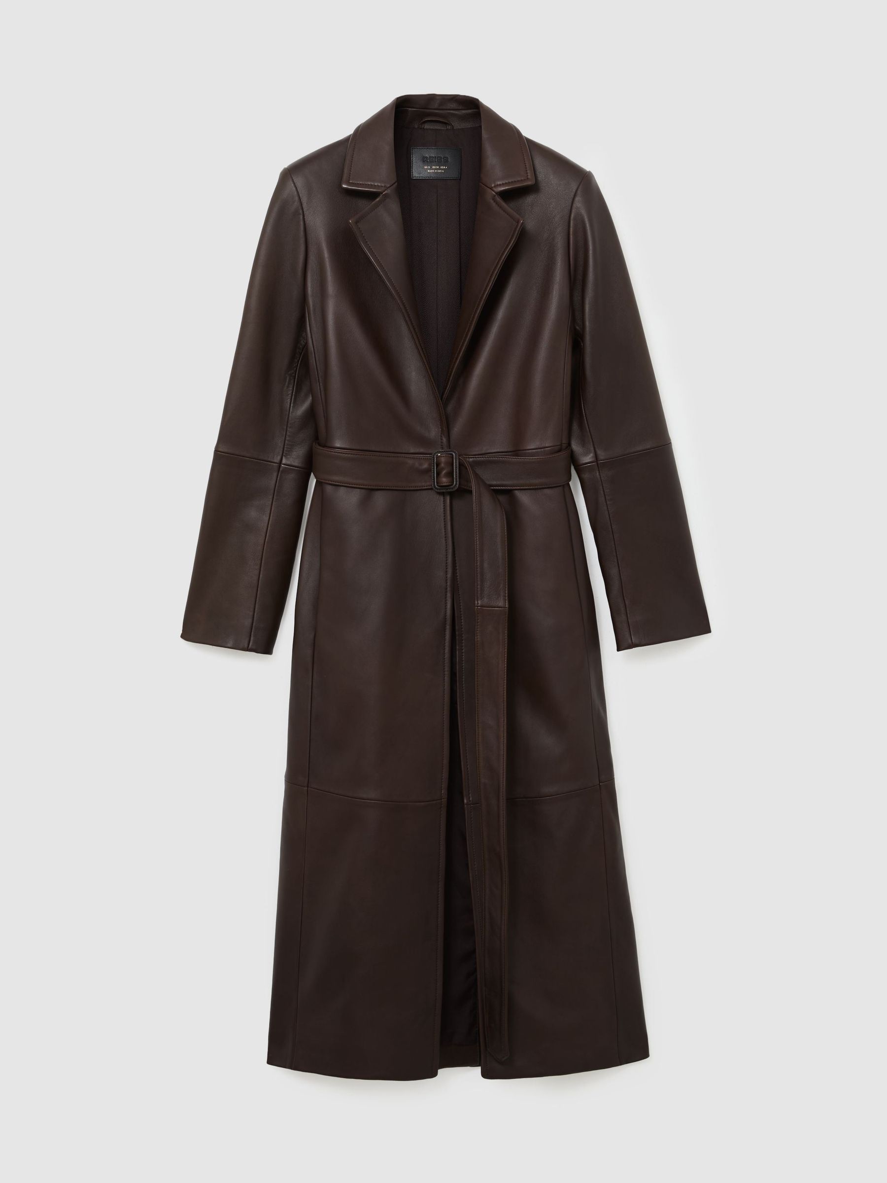 Leather Belted Trench Coat in Chocolate Brown - Image 2 of 12