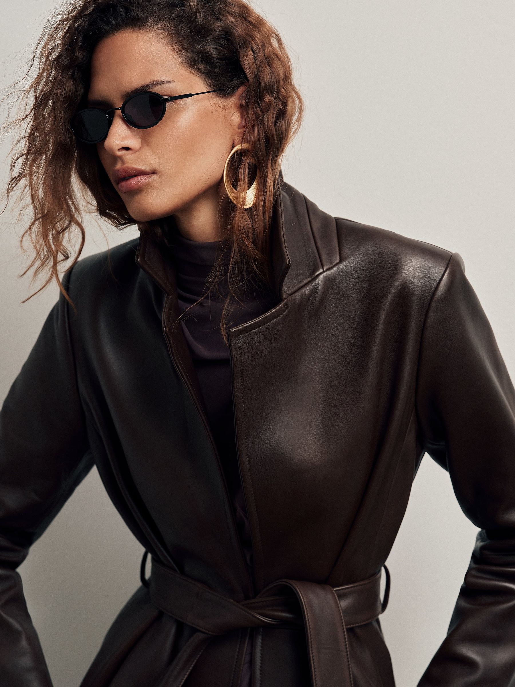 Leather Belted Trench Coat in Chocolate Brown - Image 3 of 12