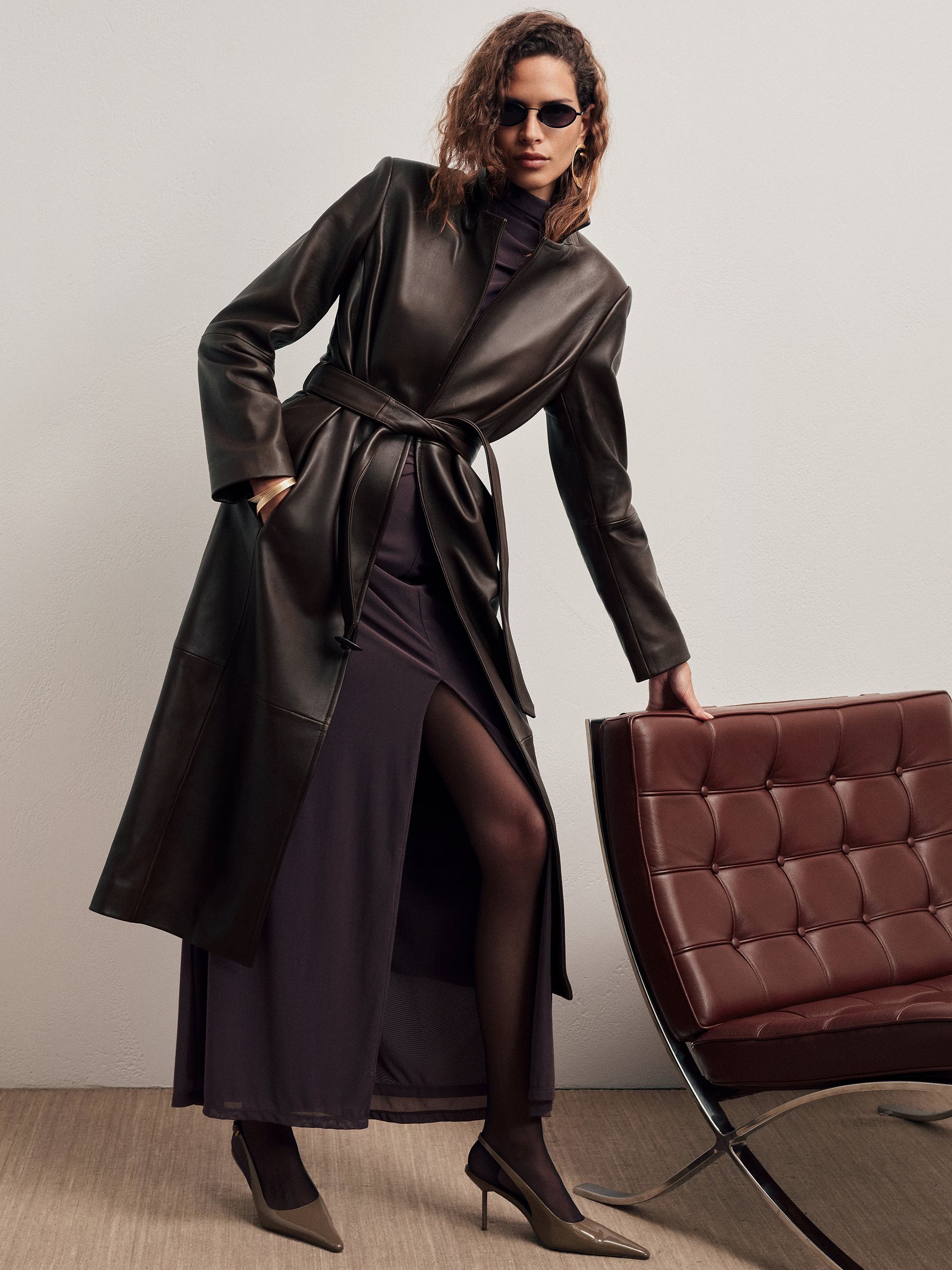 Leather Belted Trench Coat in Chocolate Brown - Image 4 of 12
