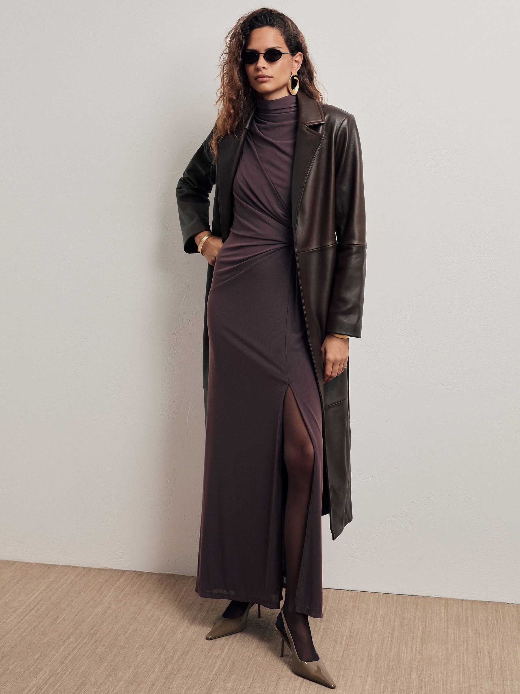 Leather Belted Trench Coat in Chocolate Brown - Image 5 of 12