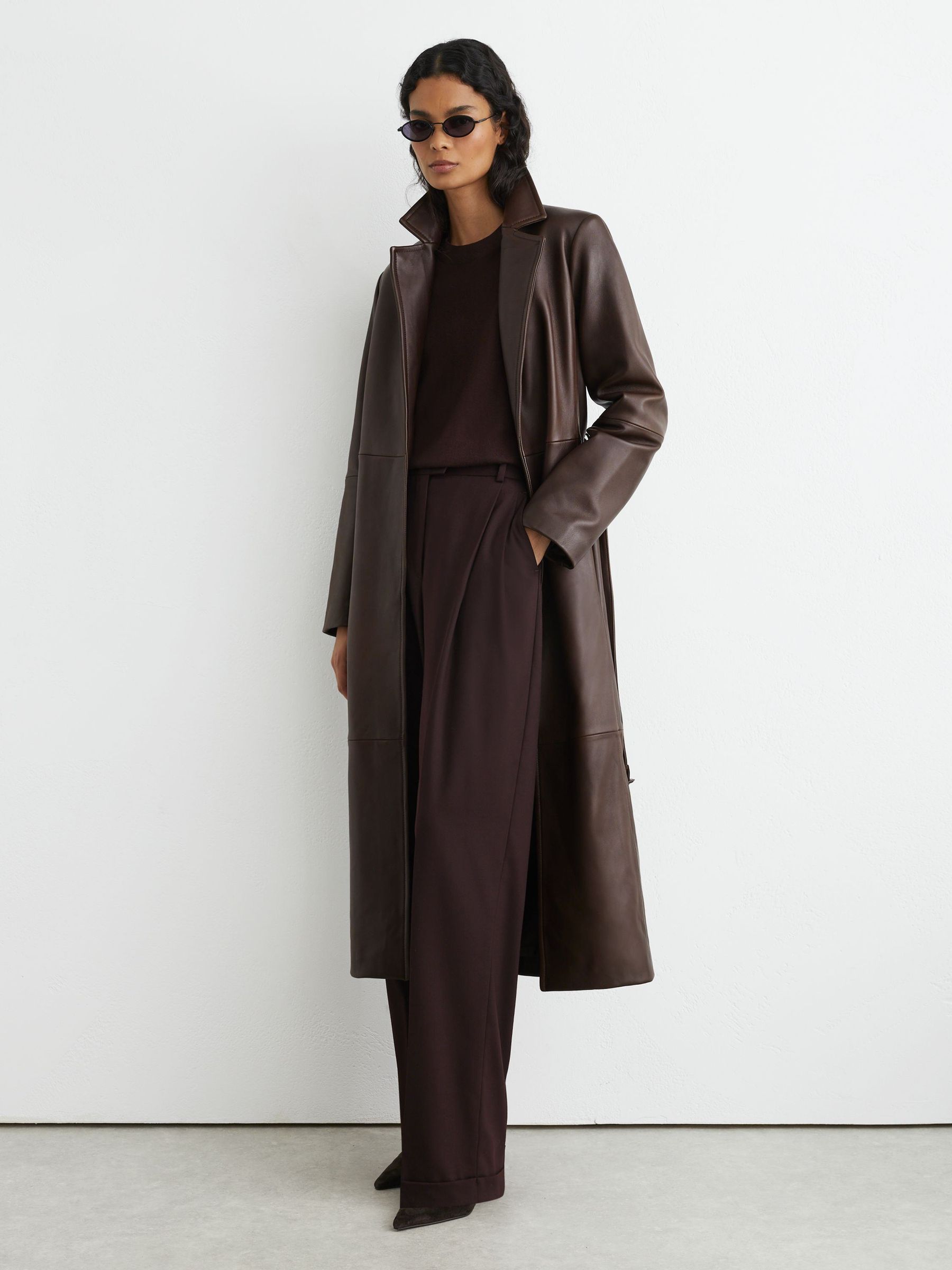 Leather Belted Trench Coat in Chocolate Brown - Image 7 of 12