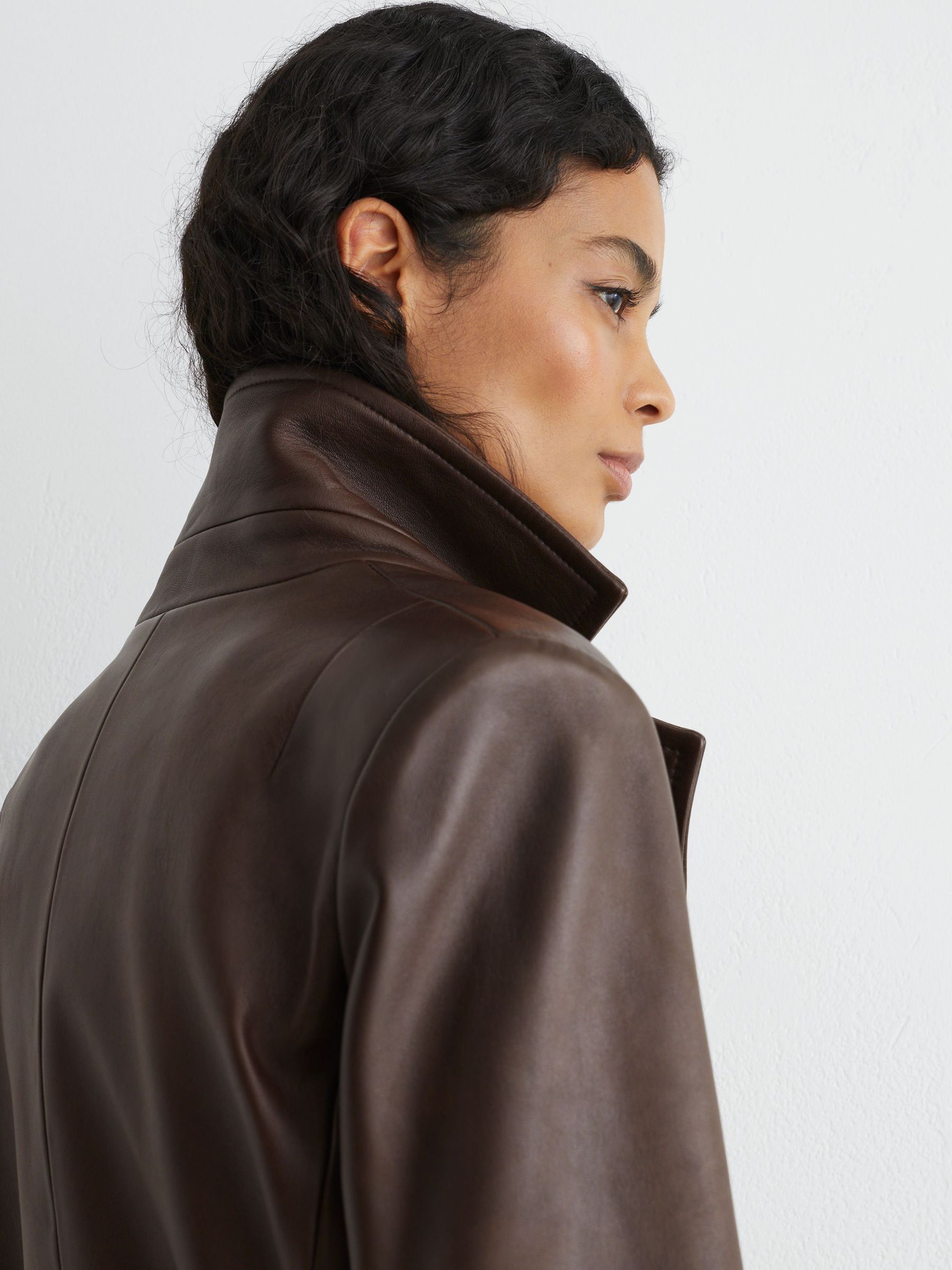 Leather Belted Trench Coat in Chocolate Brown - Image 8 of 12