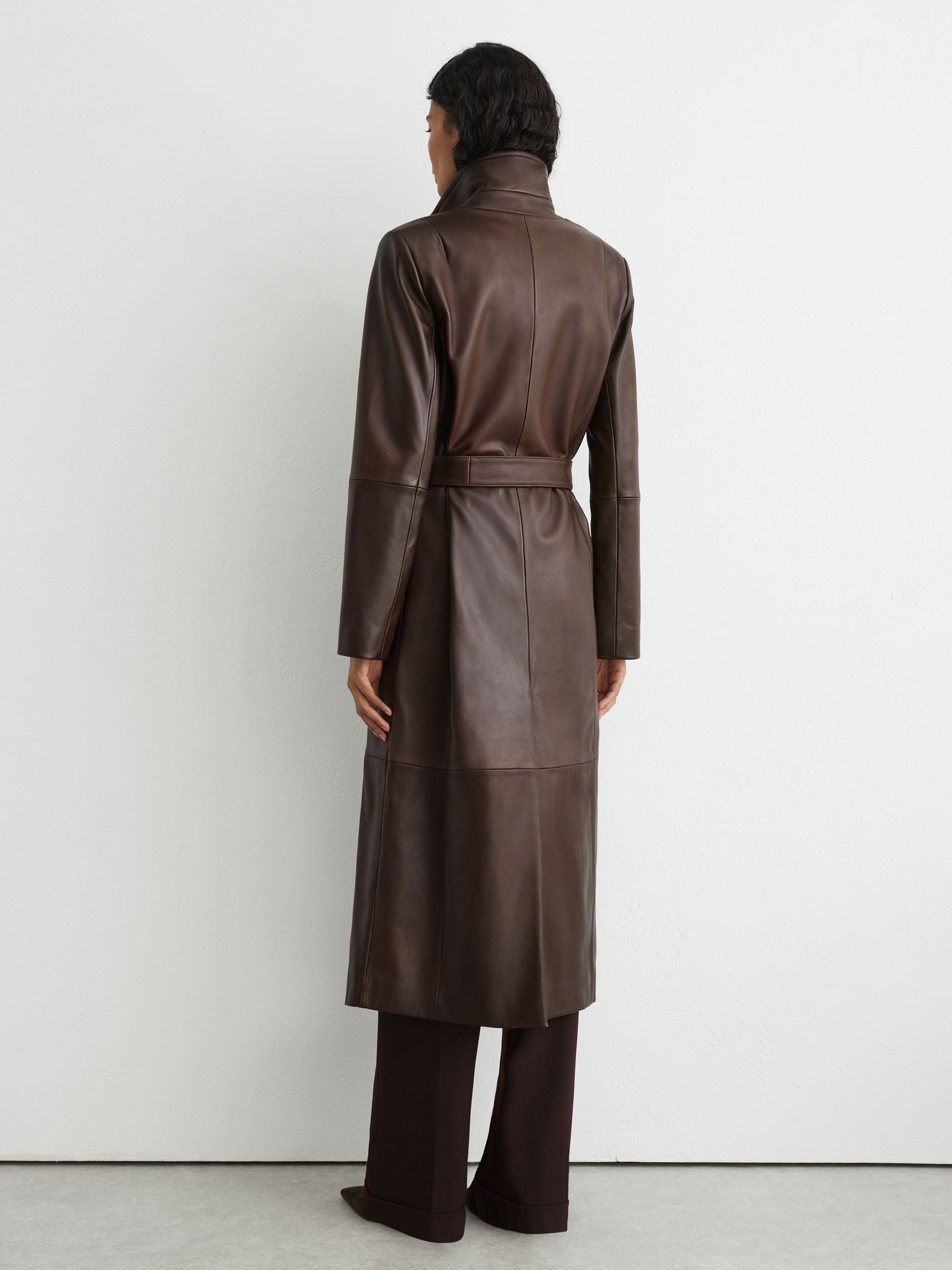 Leather Belted Trench Coat in Chocolate Brown - Image 9 of 12