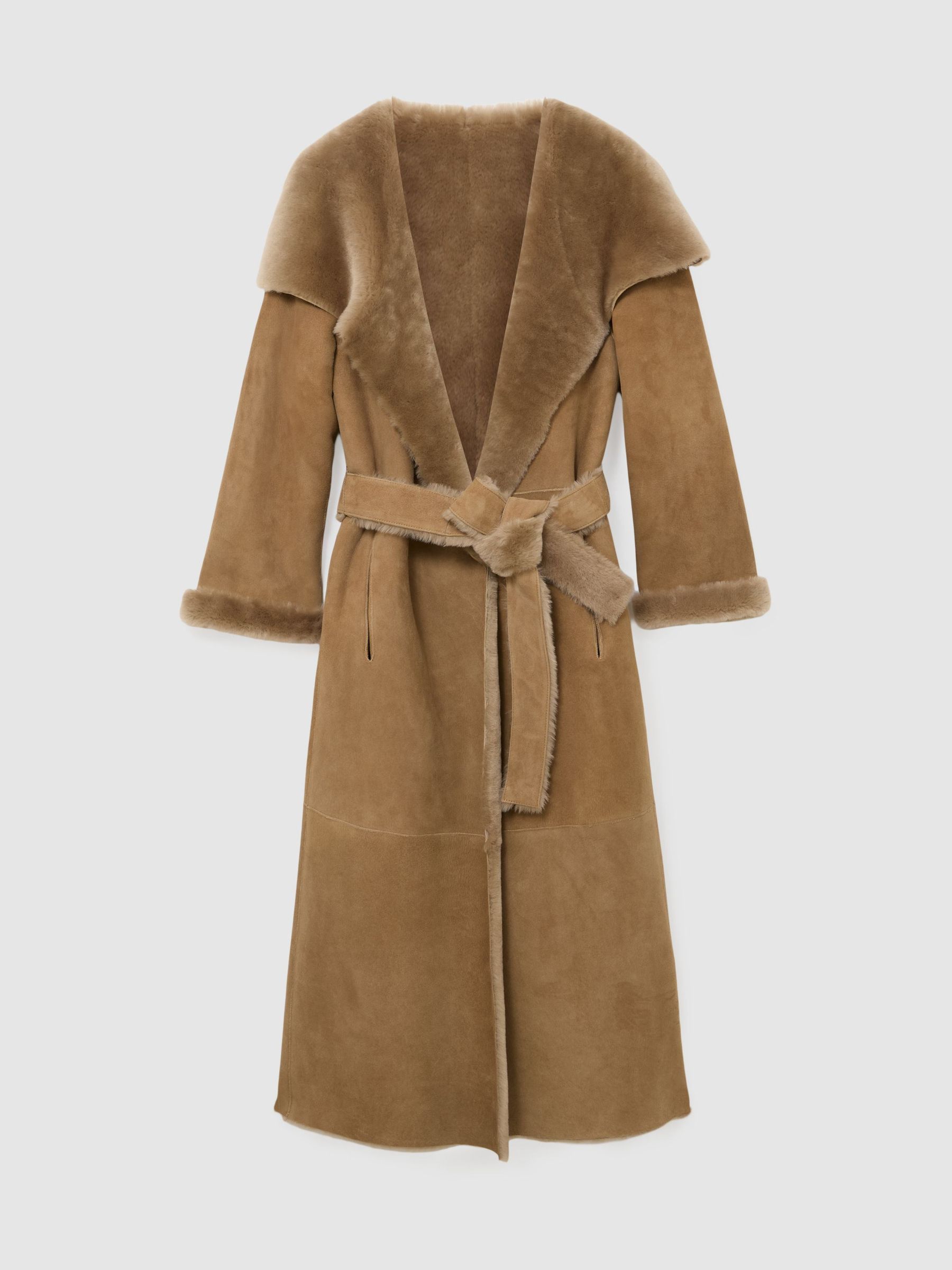 Reversible Shearling Belted Longline Coat in Neutral - Image 2 of 7 Reversible Shearling Belted Longline Coat in Neutral - Image 2 of 7