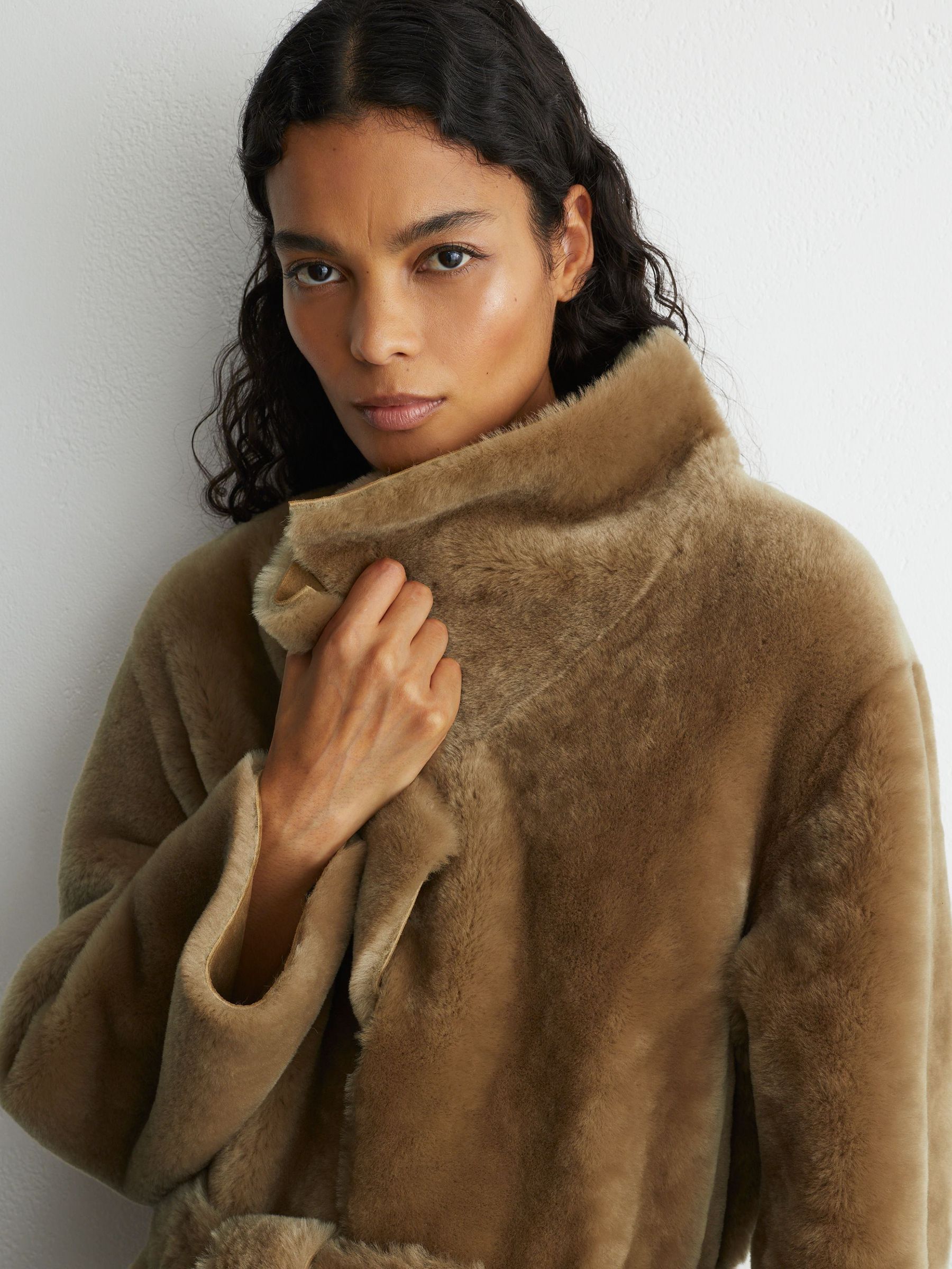Reversible Shearling Belted Longline Coat in Neutral - Image 3 of 7