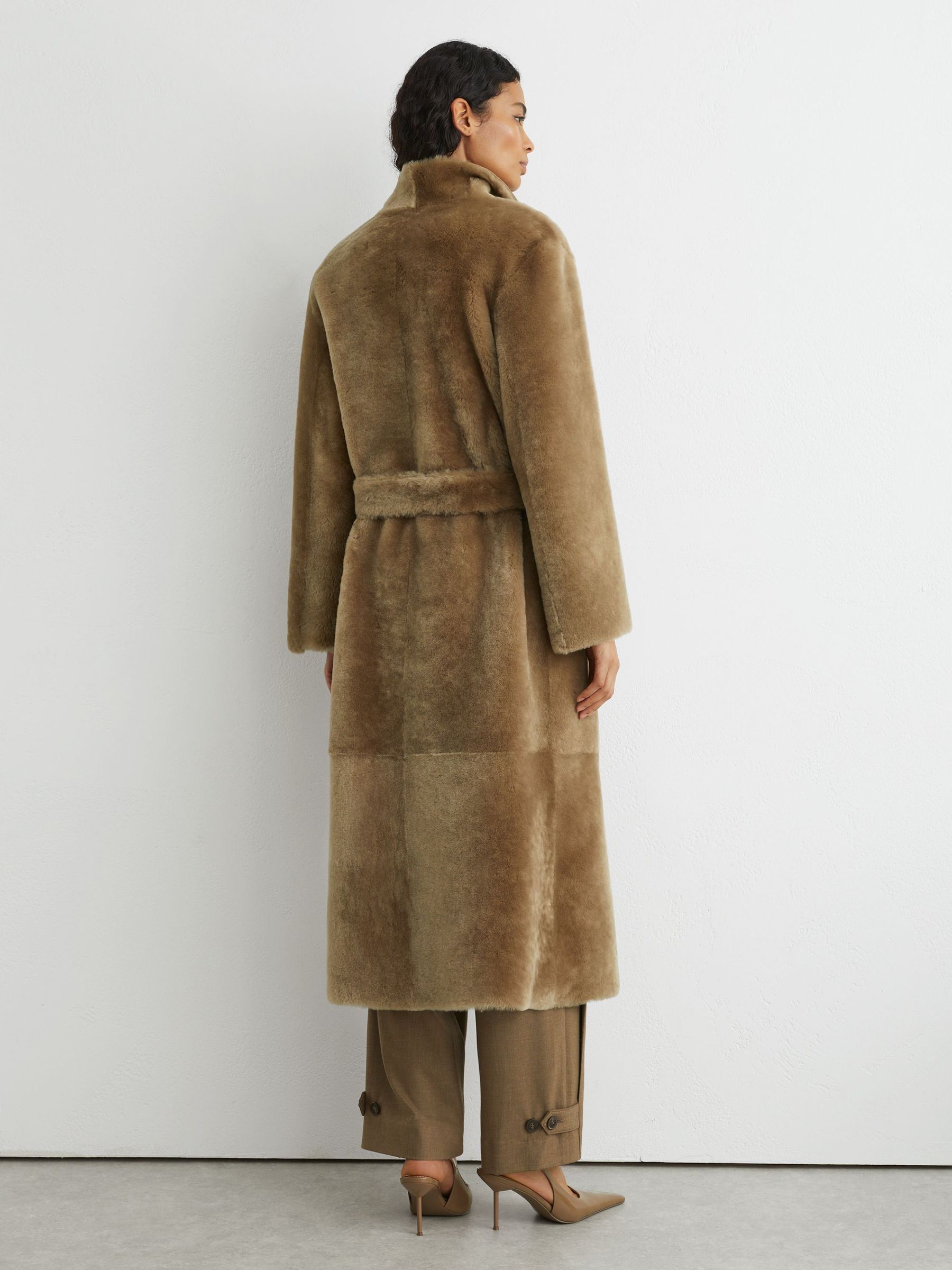 Reversible Shearling Belted Longline Coat in Neutral - Image 6 of 7
