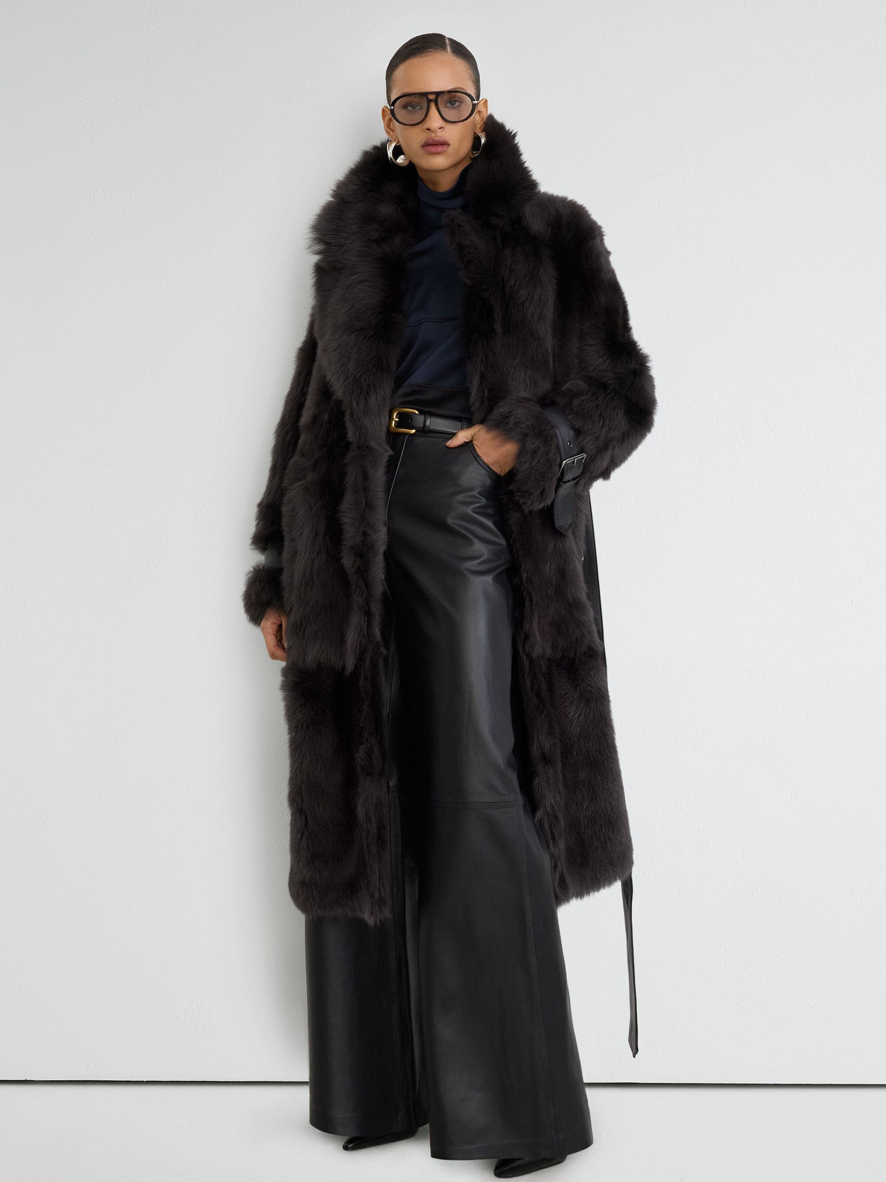 Atelier Shearling Belted Long Coat in Grey - Image 3 of 9