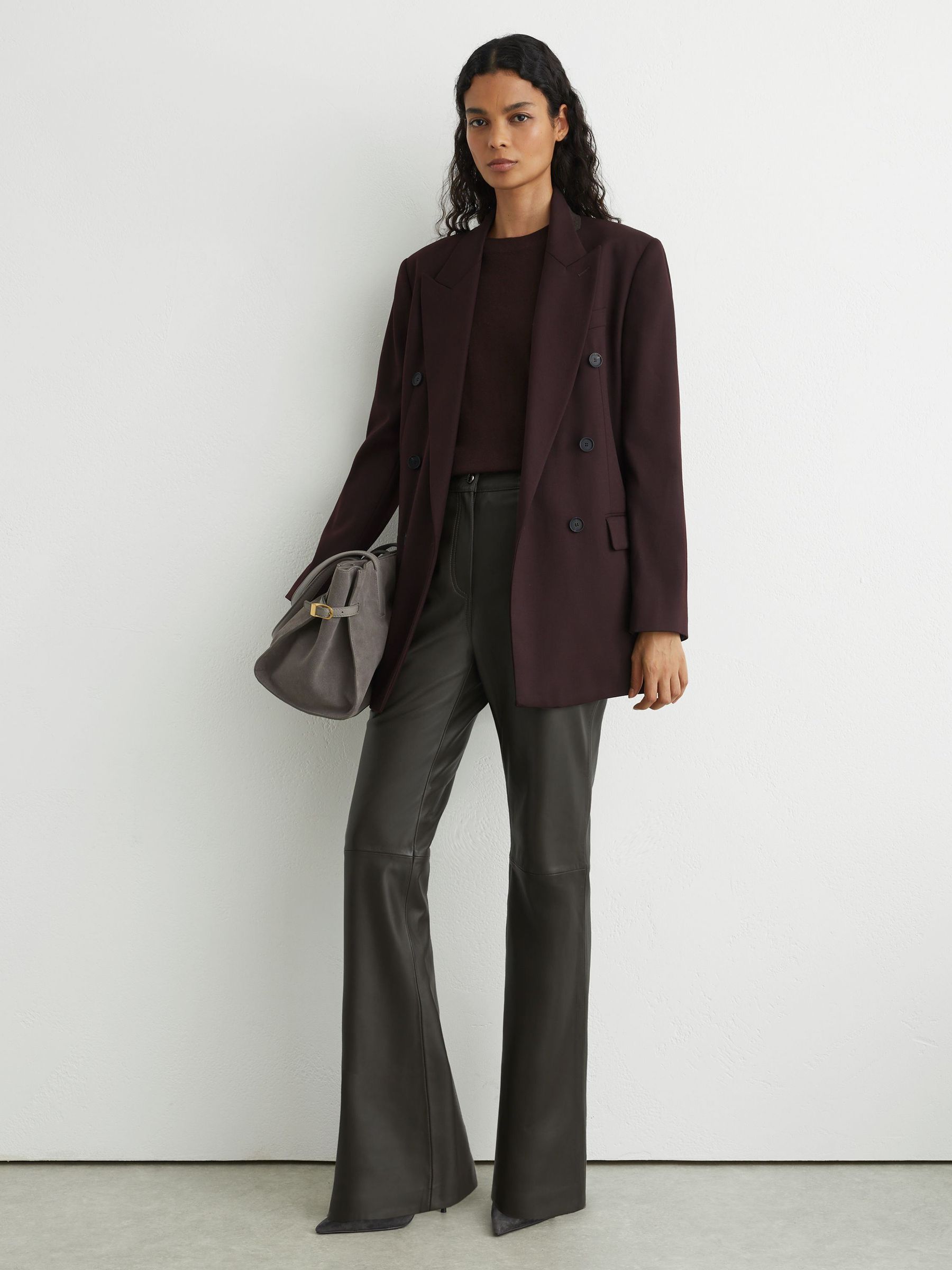 Leather Slim Straight-Leg Trousers in Grey - Image 1 of 6