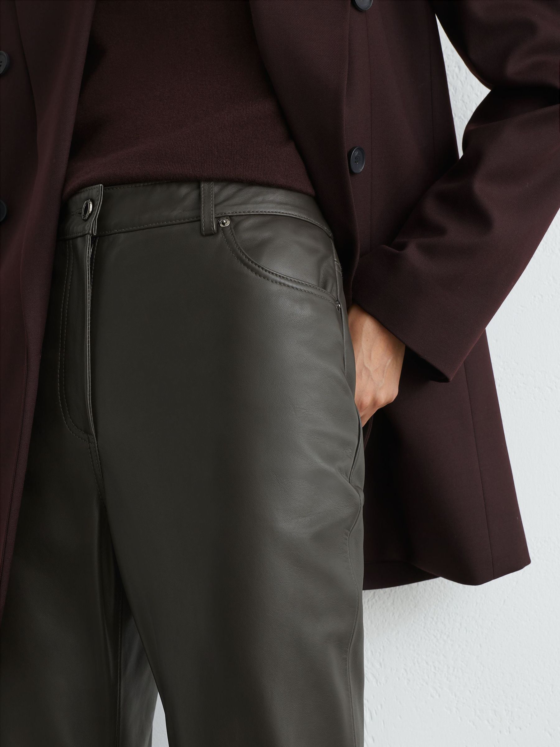 Leather Slim Straight-Leg Trousers in Grey - Image 4 of 6