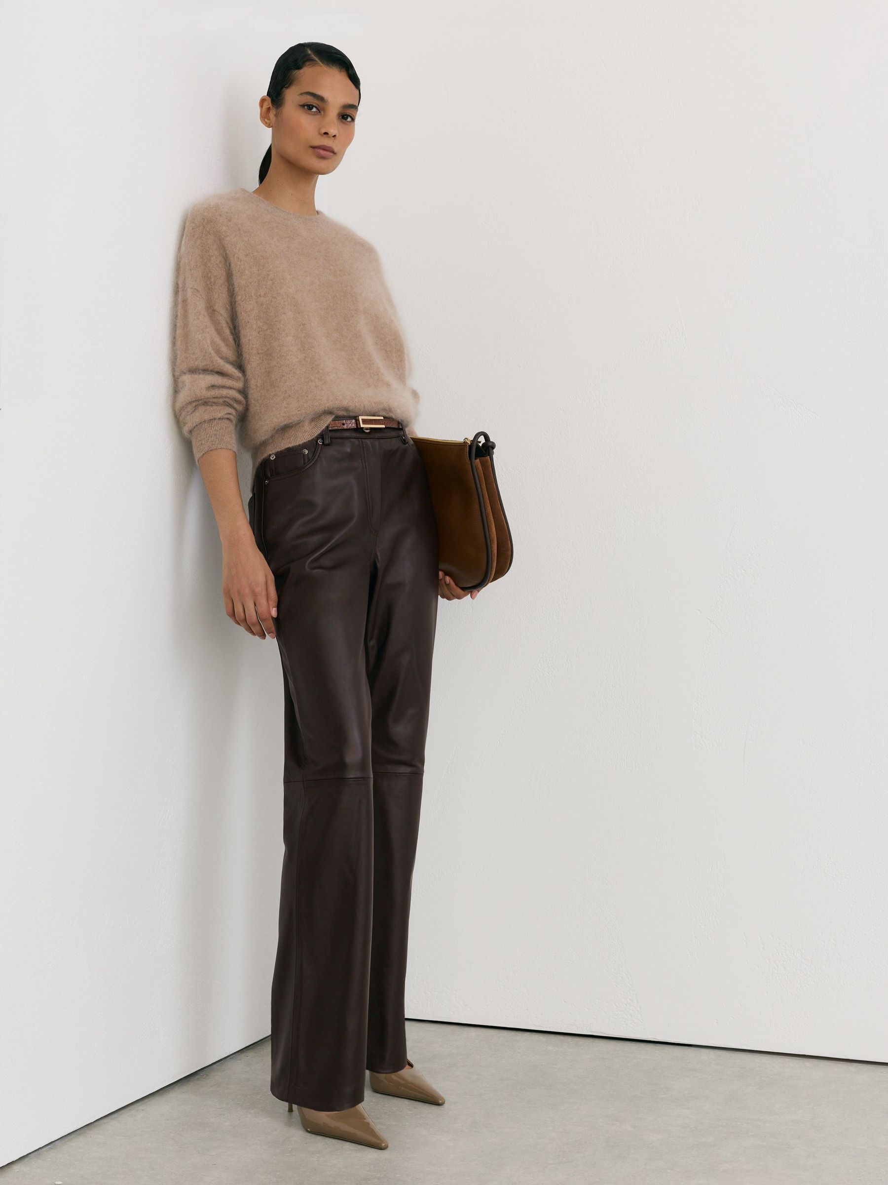 Petite Leather Slim Straight-Leg Trousers in Aubergine - Image 1 of 7