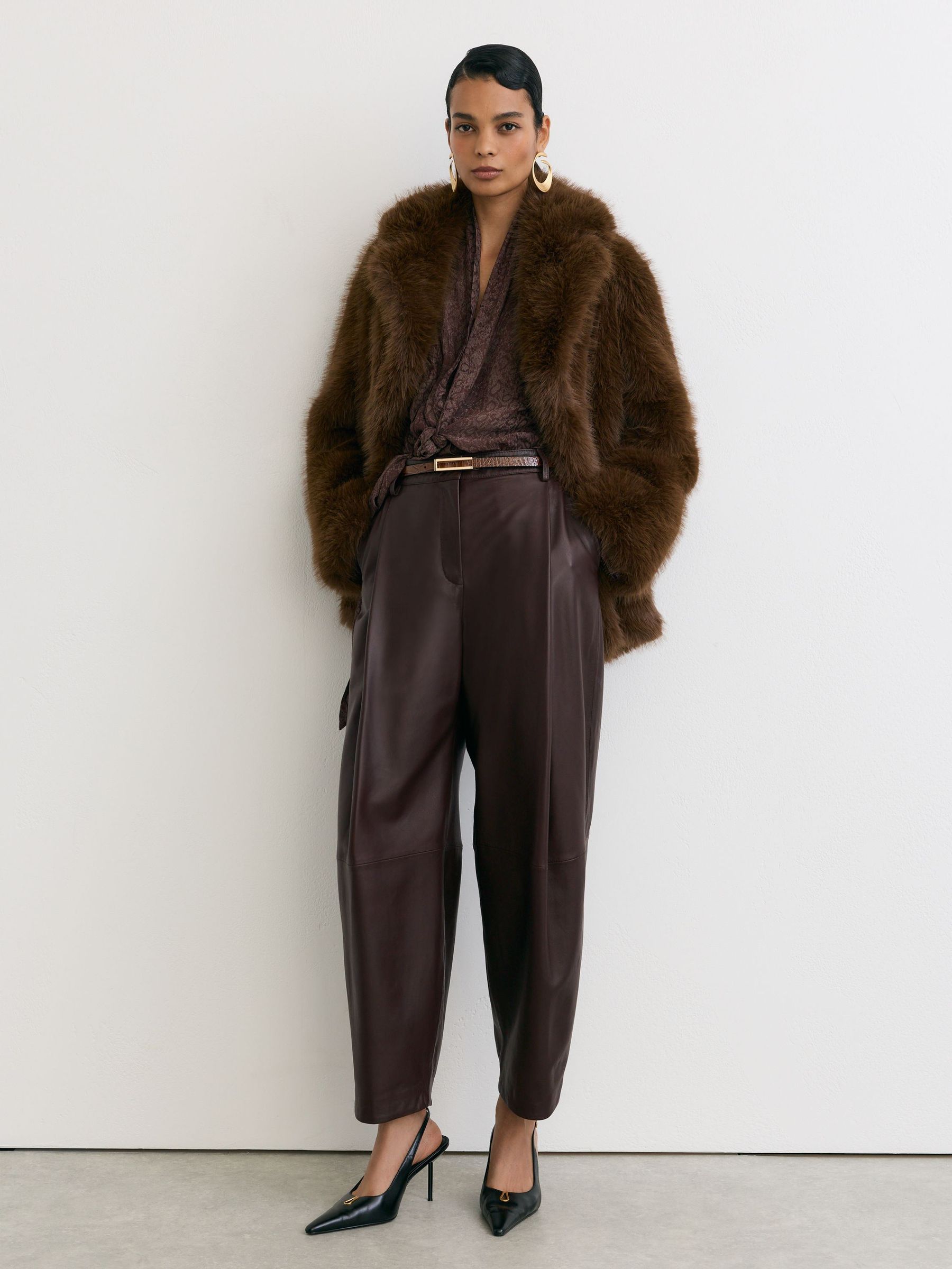 Leather Barrel-Leg Pleated Trousers in Burgundy - Image 1 of 7