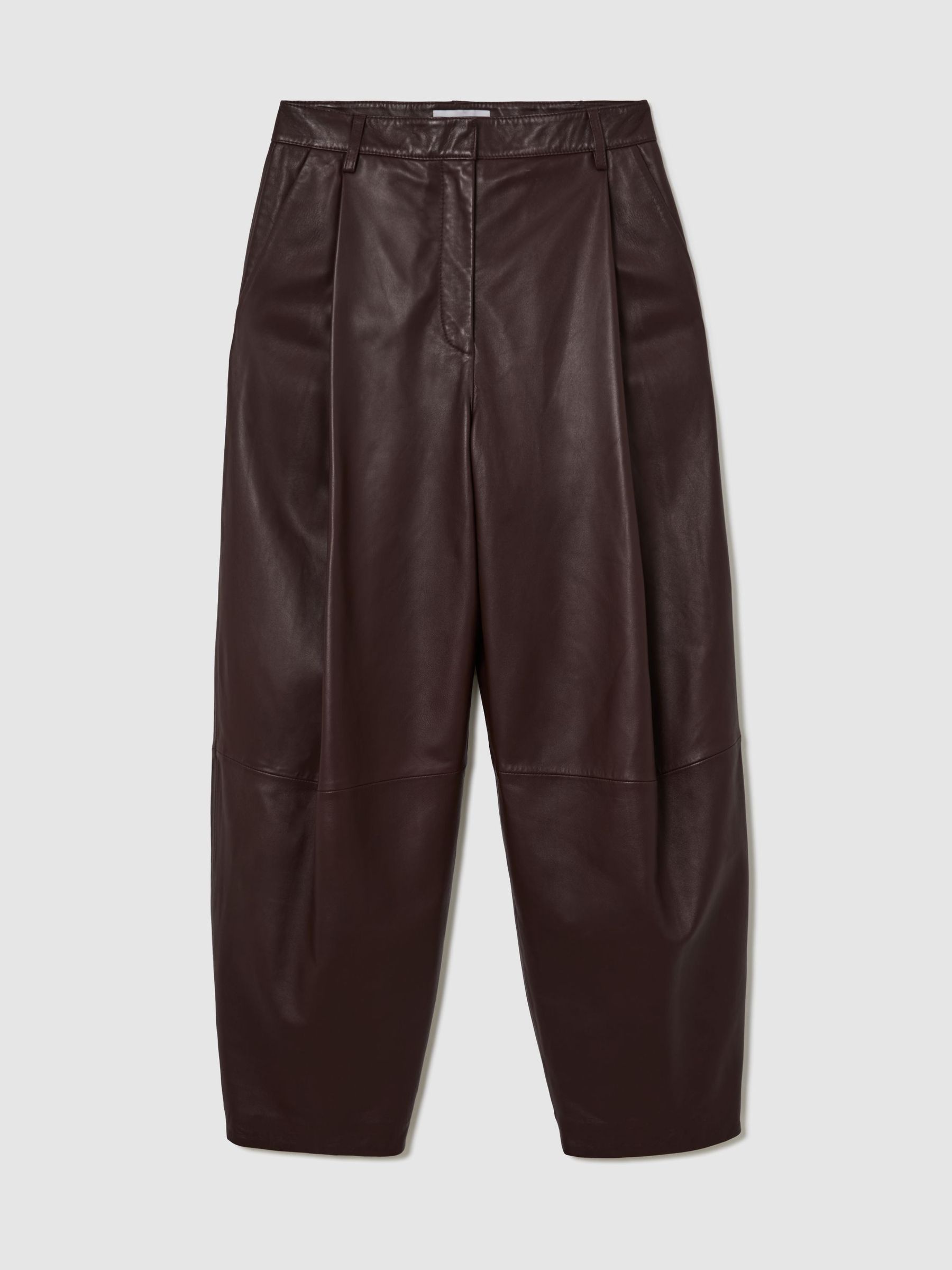 Leather Barrel-Leg Pleated Trousers in Burgundy - Image 2 of 7