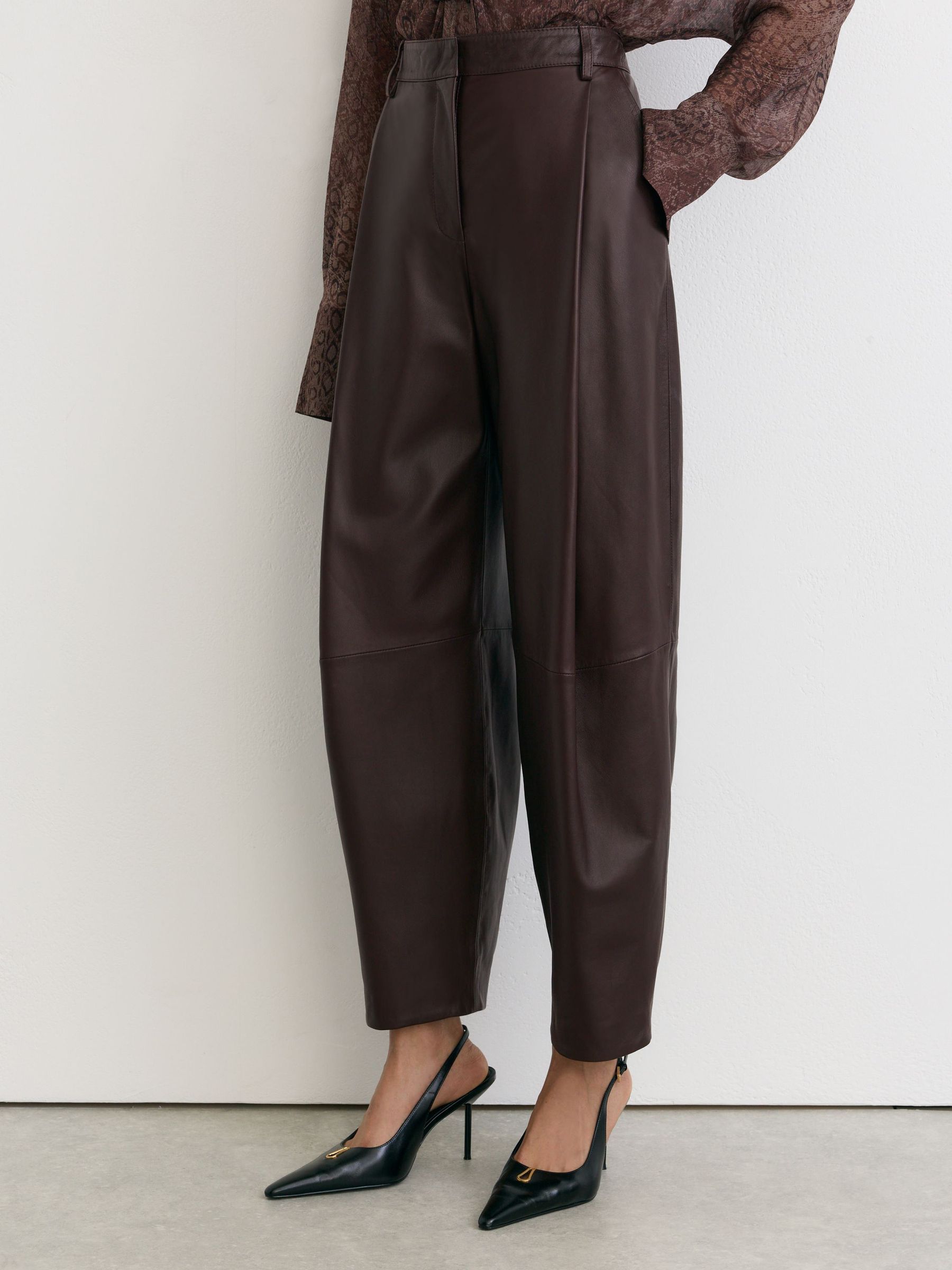Leather Barrel-Leg Pleated Trousers in Burgundy - Image 3 of 7