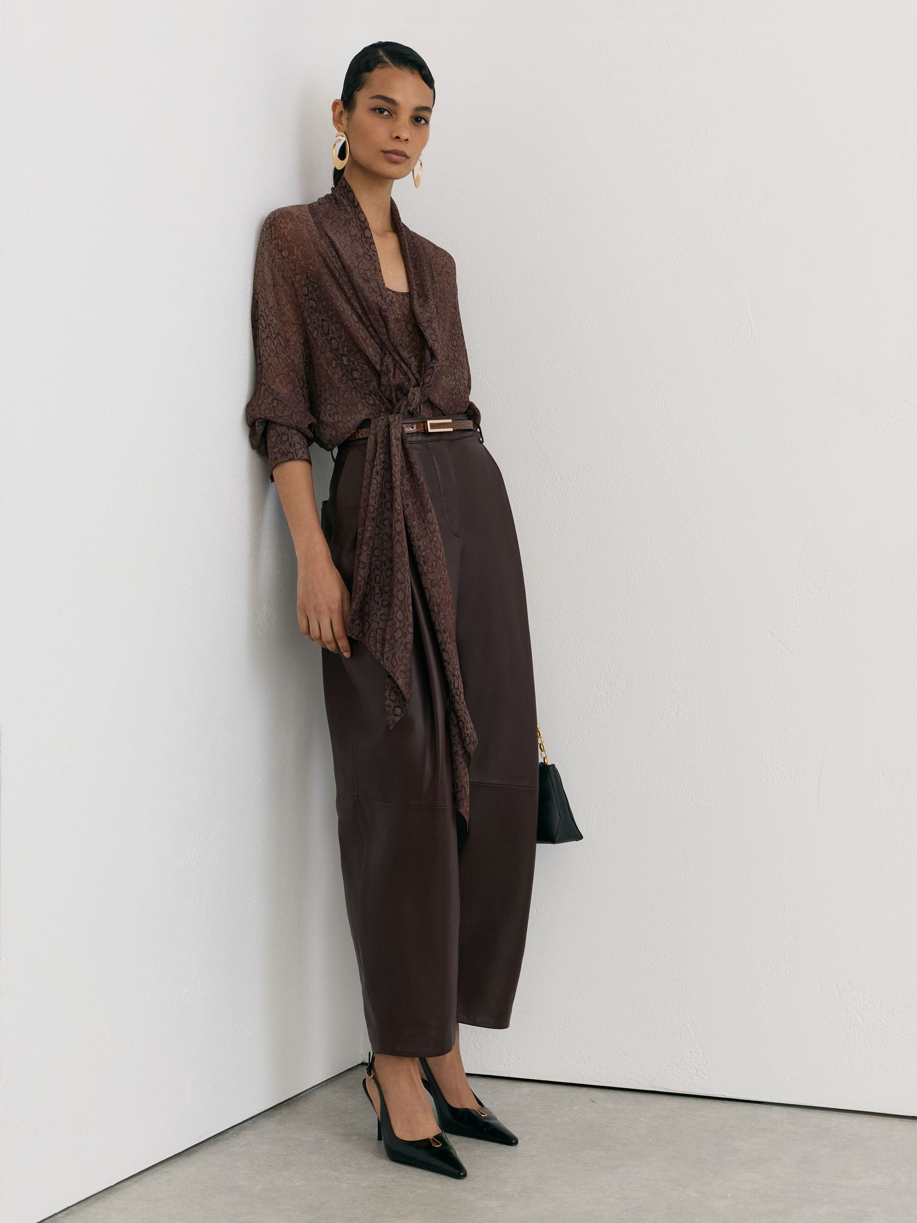 Leather Barrel-Leg Pleated Trousers in Burgundy - Image 6 of 7