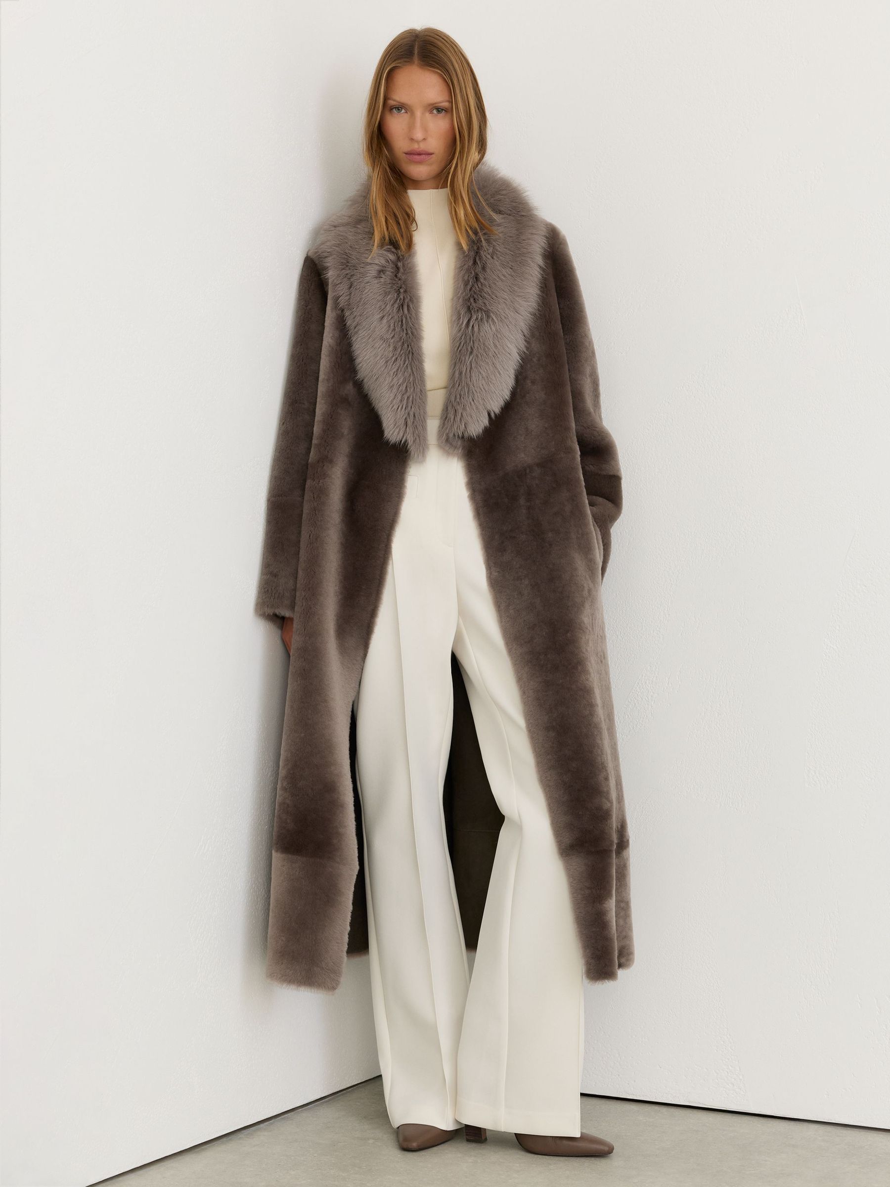 Toscana-Collar Shearling Long Coat in Taupe Neutral - Image 1 of 10