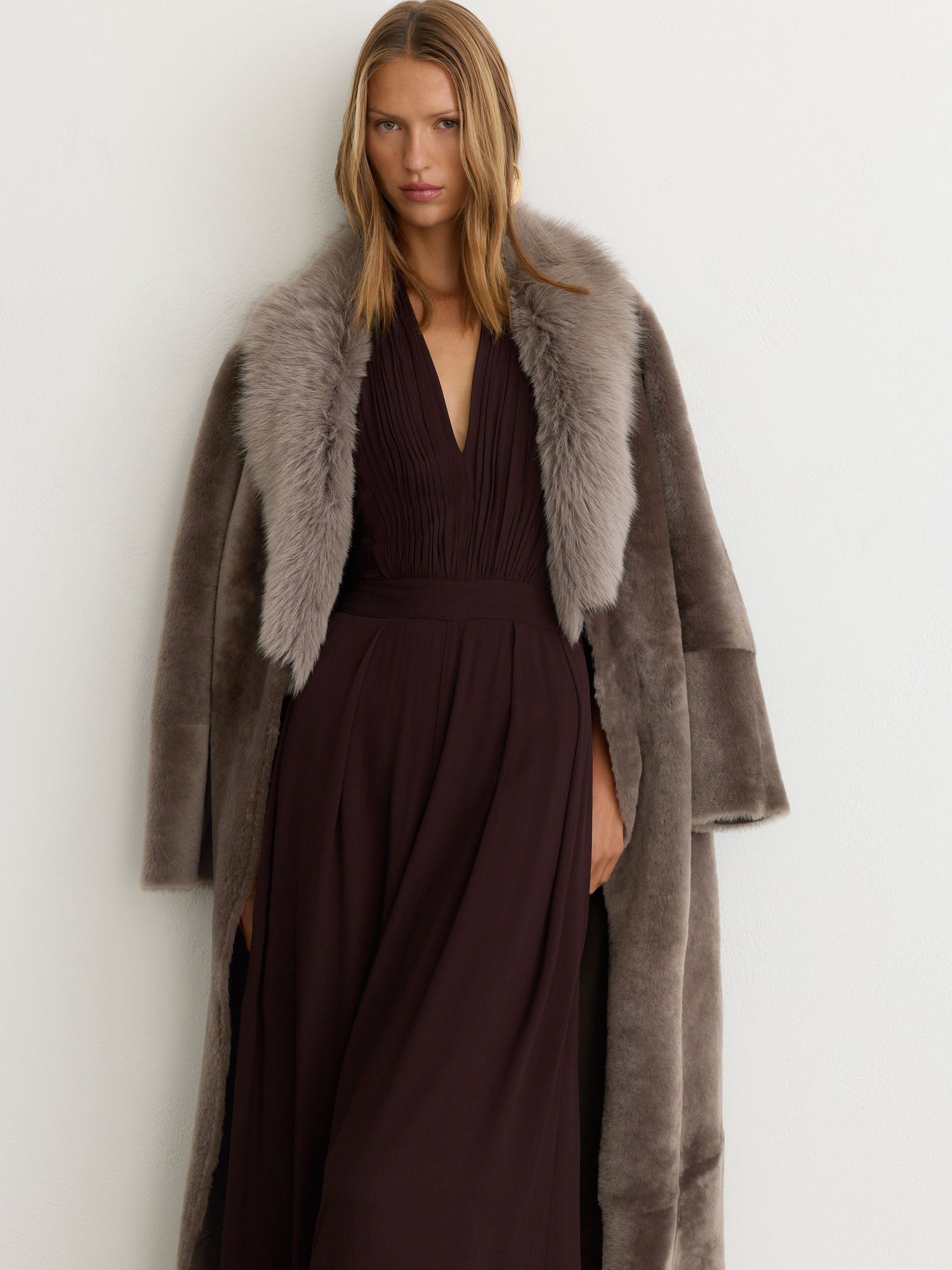 Toscana-Collar Shearling Long Coat in Taupe Neutral - Image 10 of 10