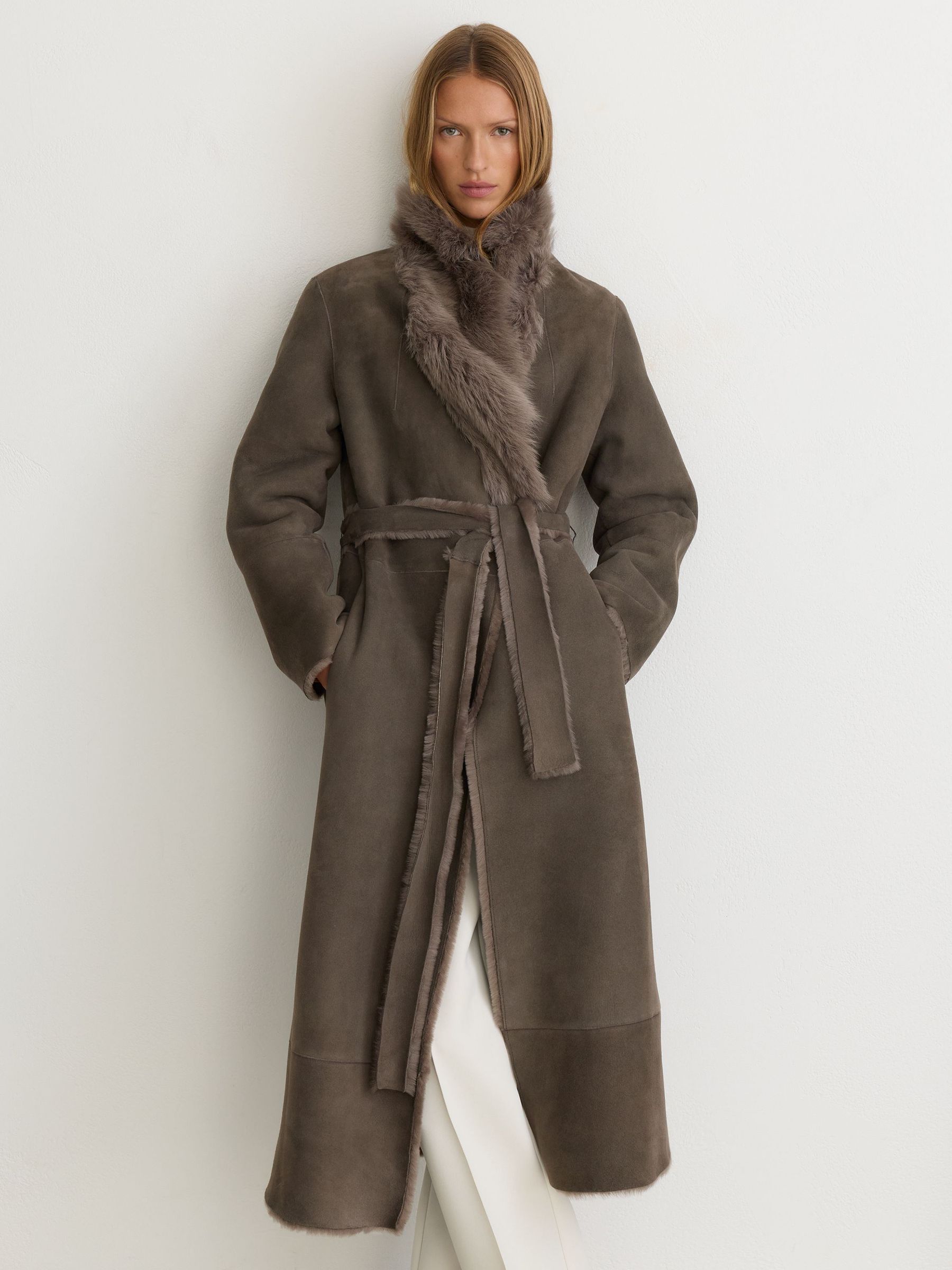 Toscana-Collar Shearling Long Coat in Taupe Neutral - Image 4 of 10