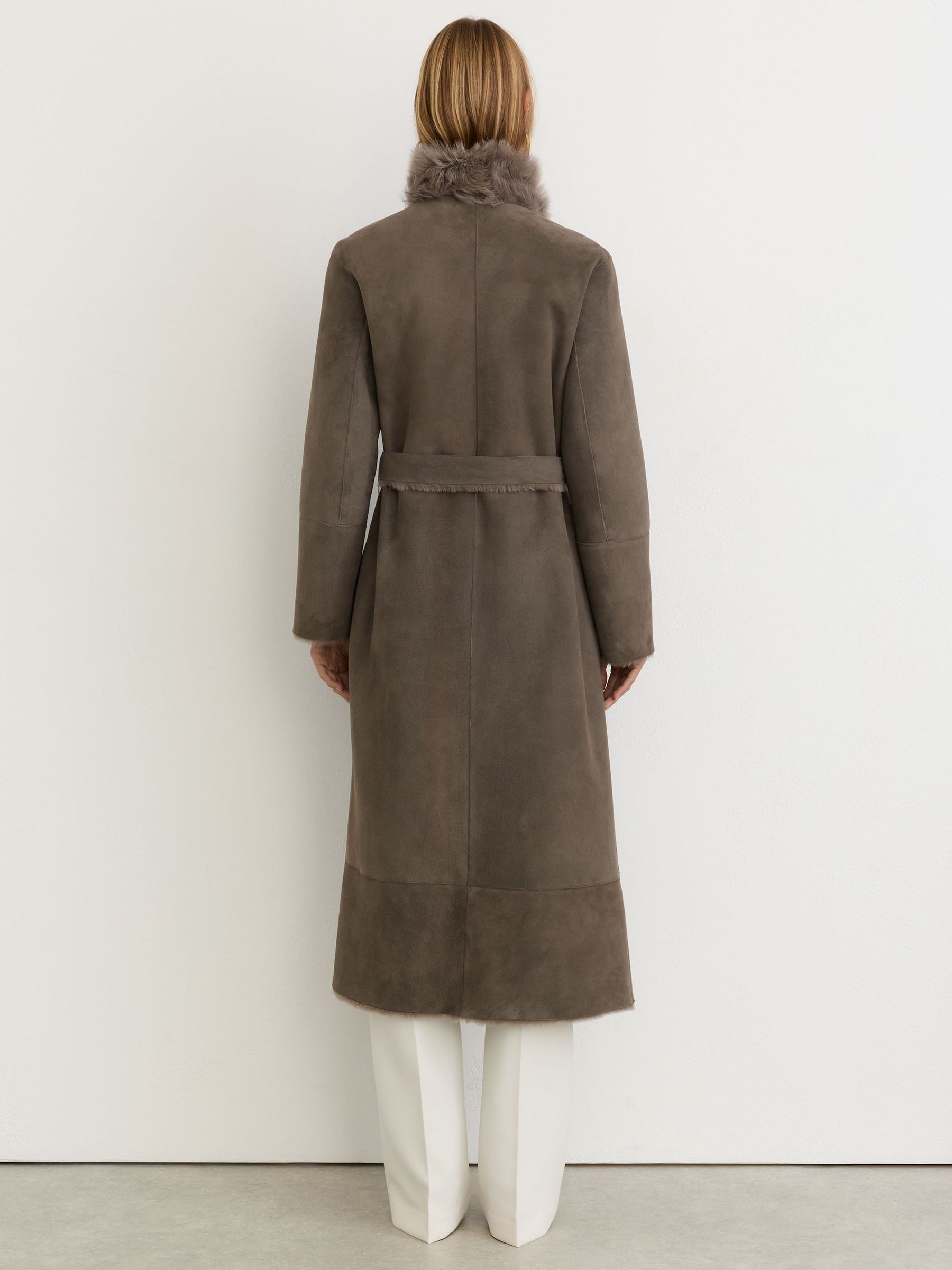 Toscana-Collar Shearling Long Coat in Taupe Neutral - Image 5 of 10