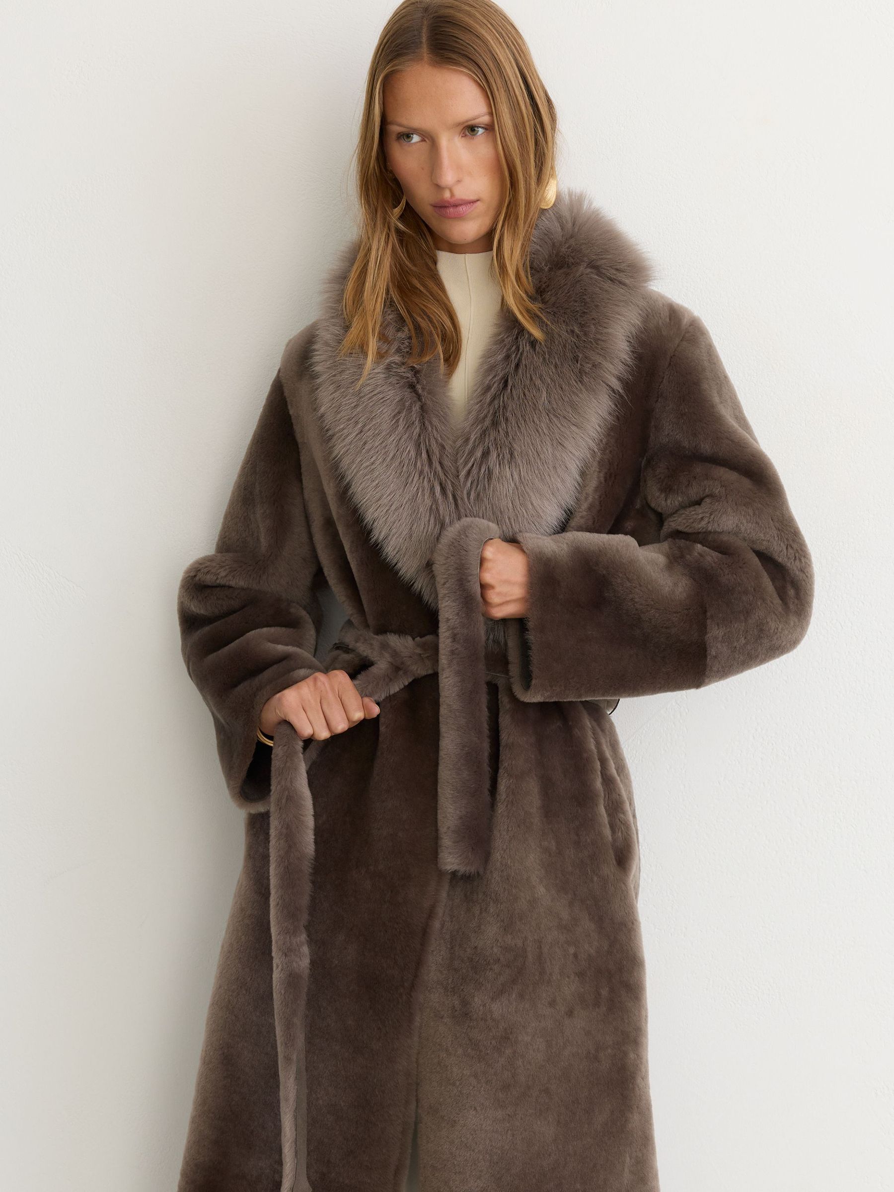 Toscana-Collar Shearling Long Coat in Taupe Neutral - Image 6 of 10