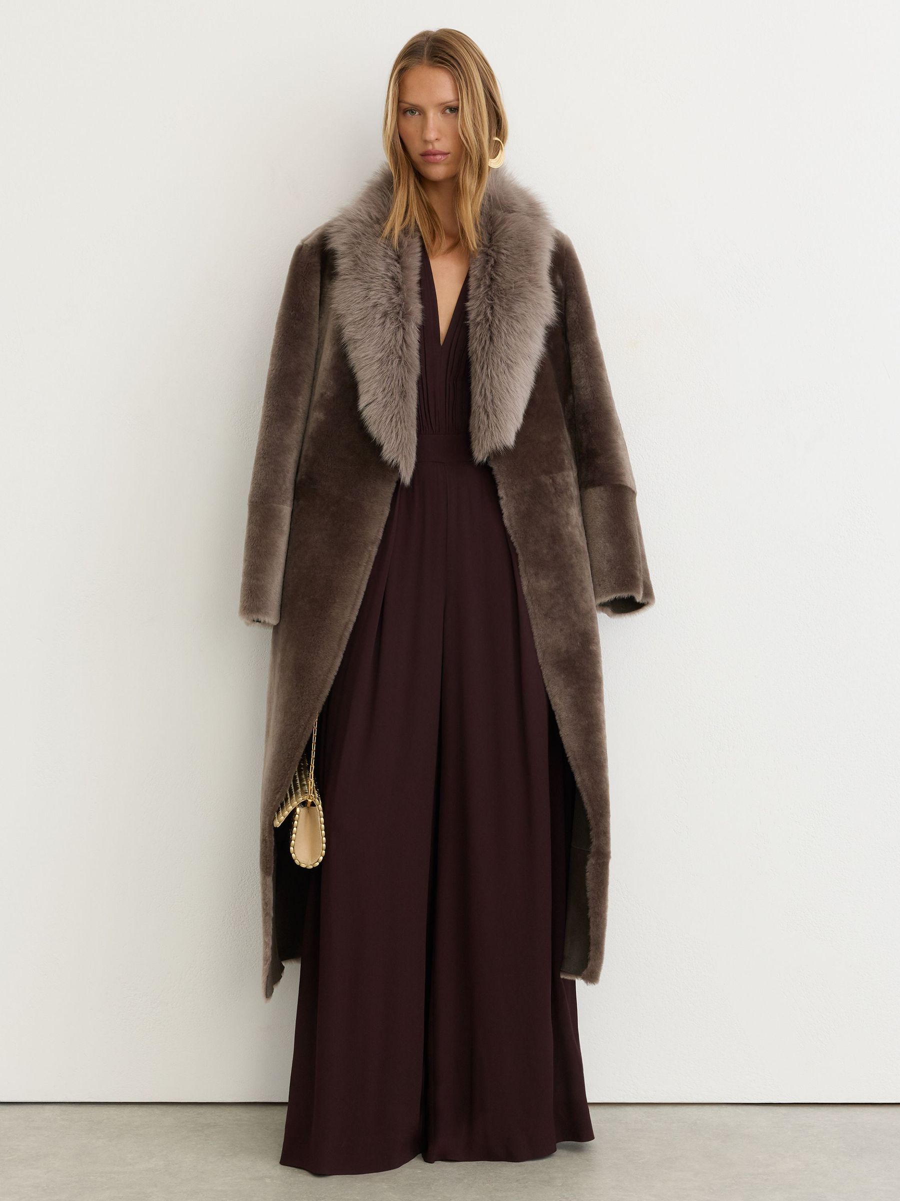 Toscana-Collar Shearling Long Coat in Taupe Neutral - Image 7 of 10