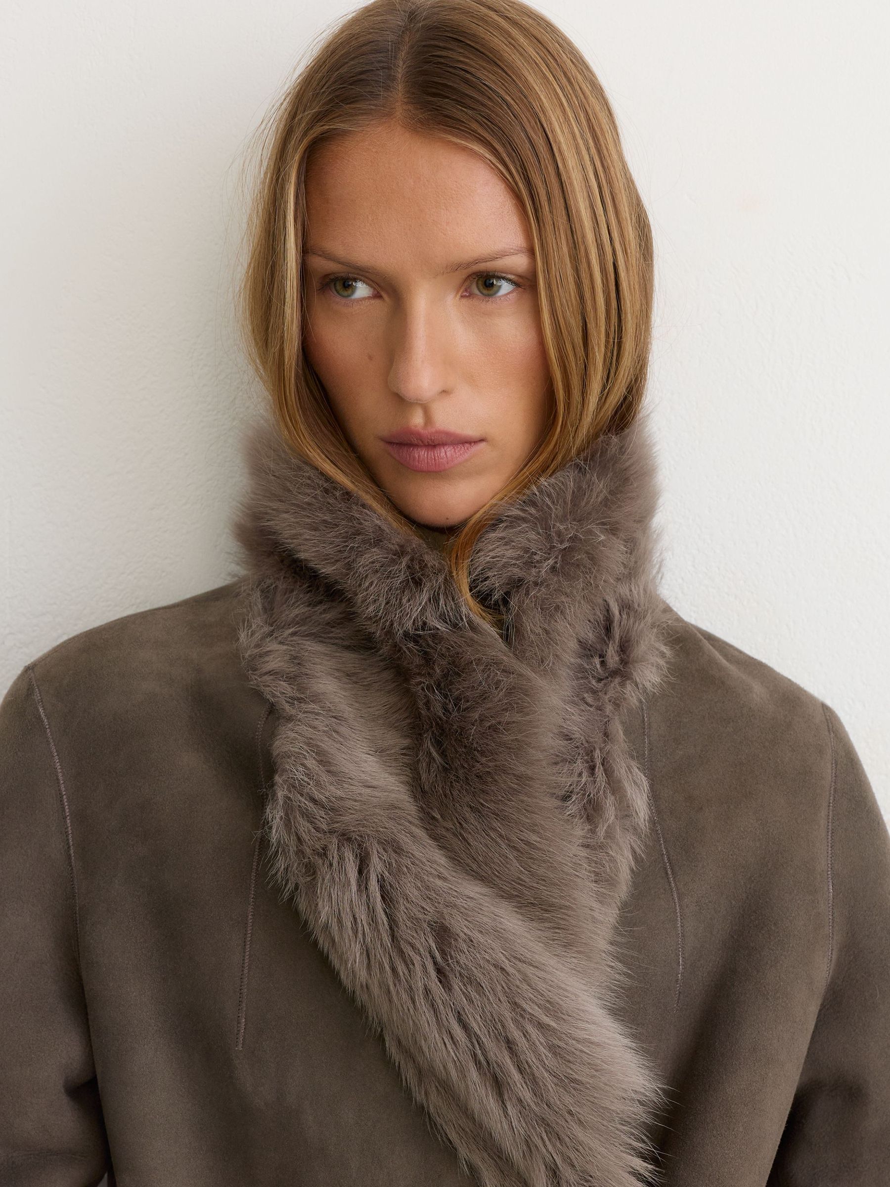 Toscana-Collar Shearling Long Coat in Taupe Neutral - Image 8 of 10
