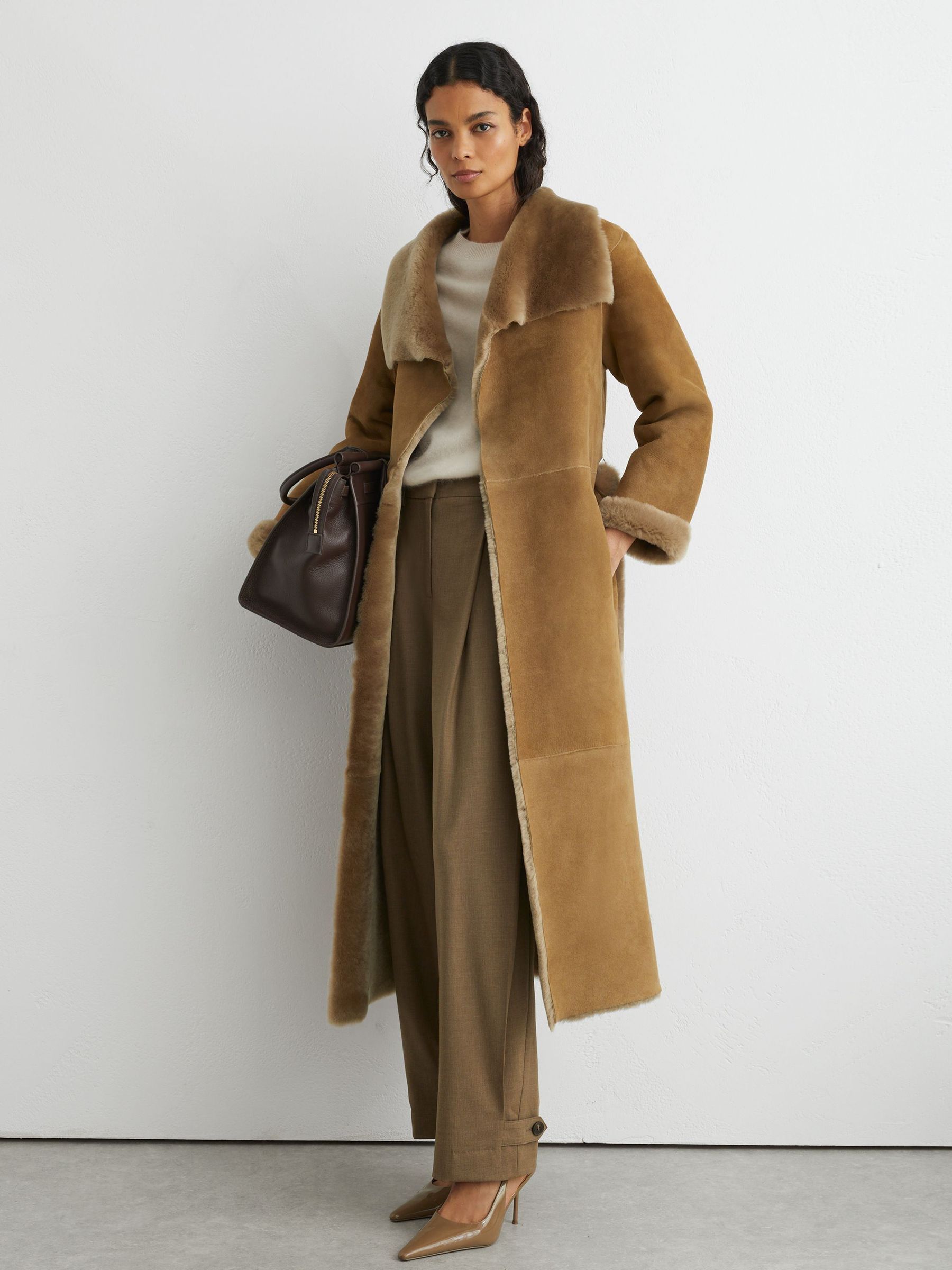Petite Reversible Shearling Belted Longline Coat in Neutral by Reiss