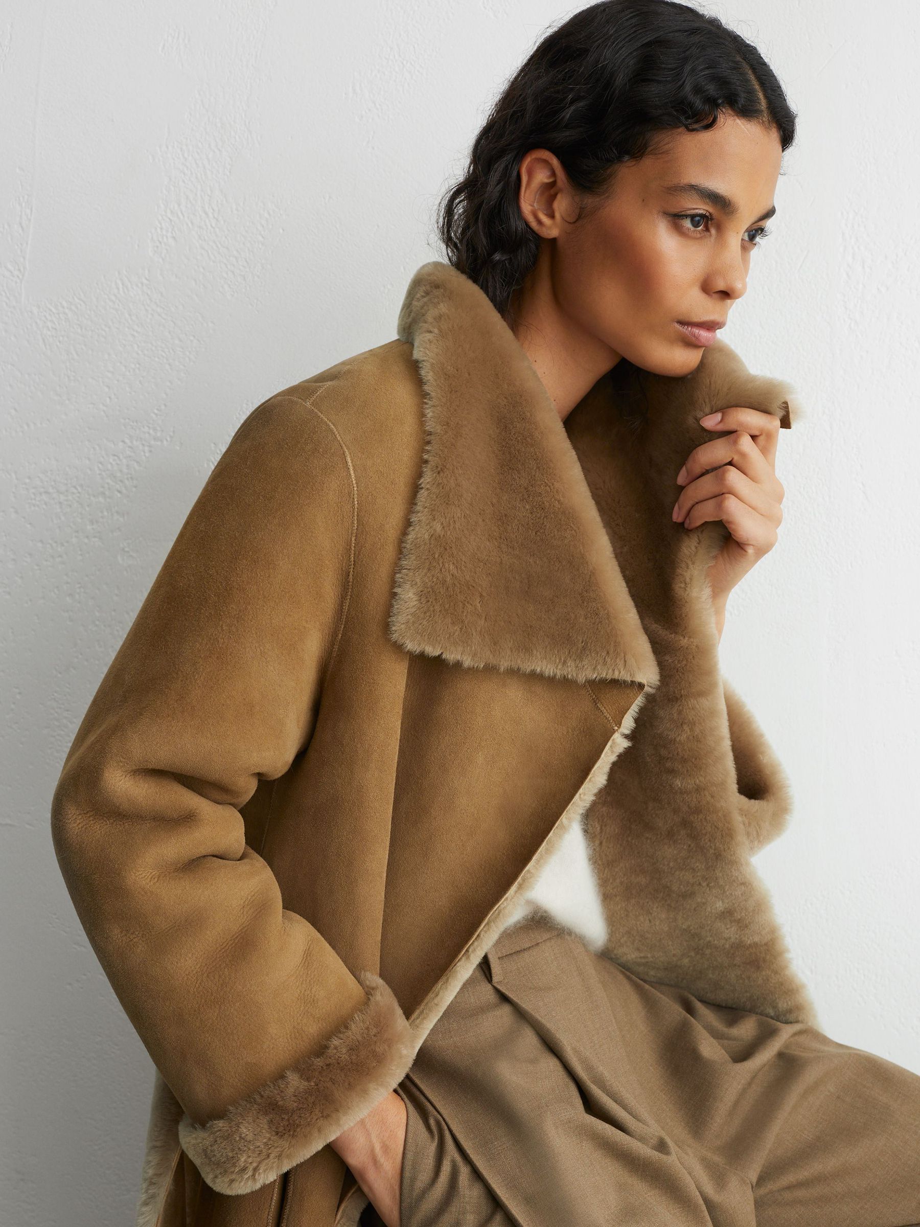 Petite Reversible Shearling Belted Longline Coat in Neutral - Image 3 of 9