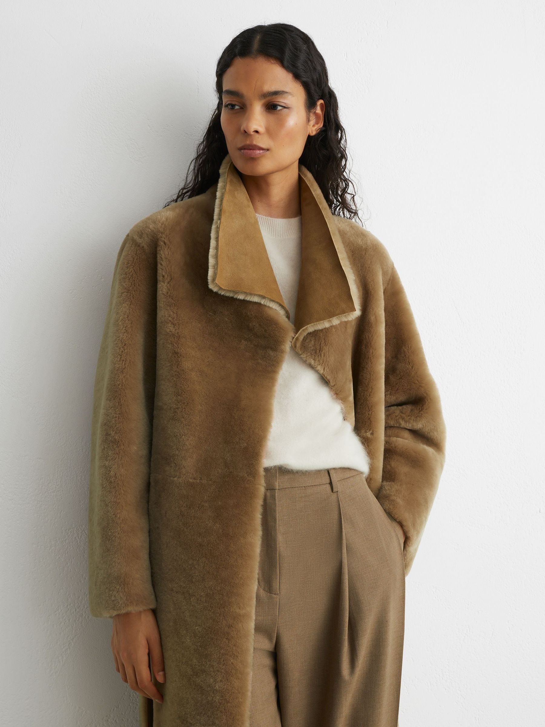 Petite Reversible Shearling Belted Longline Coat in Neutral - Image 5 of 9