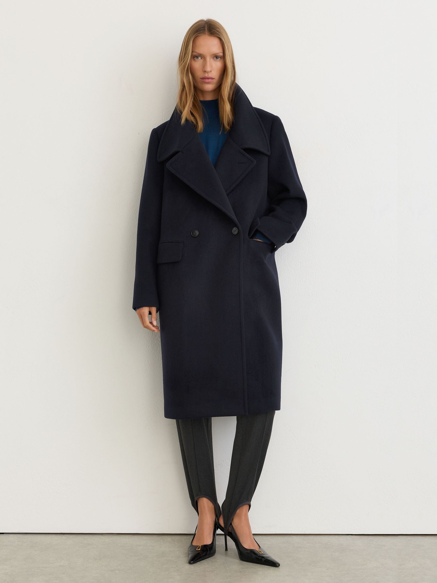 Wool-Blend Relaxed-Fit Double-Breasted Coat in Navy - Image 1 of 8