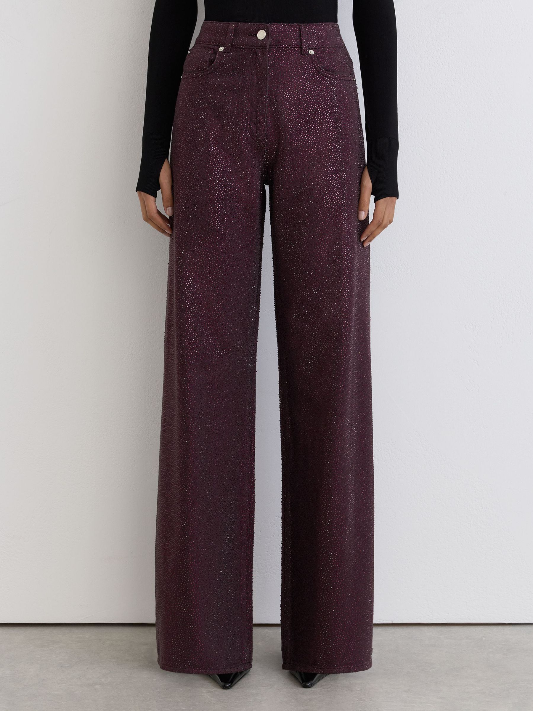 Cotton-Lyocell Sparkle Wide-Leg Jeans in Burgundy - Image 3 of 7
