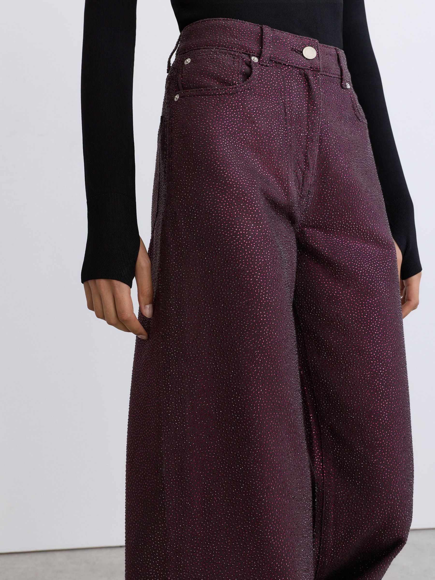 Cotton-Lyocell Sparkle Wide-Leg Jeans in Burgundy - Image 5 of 7