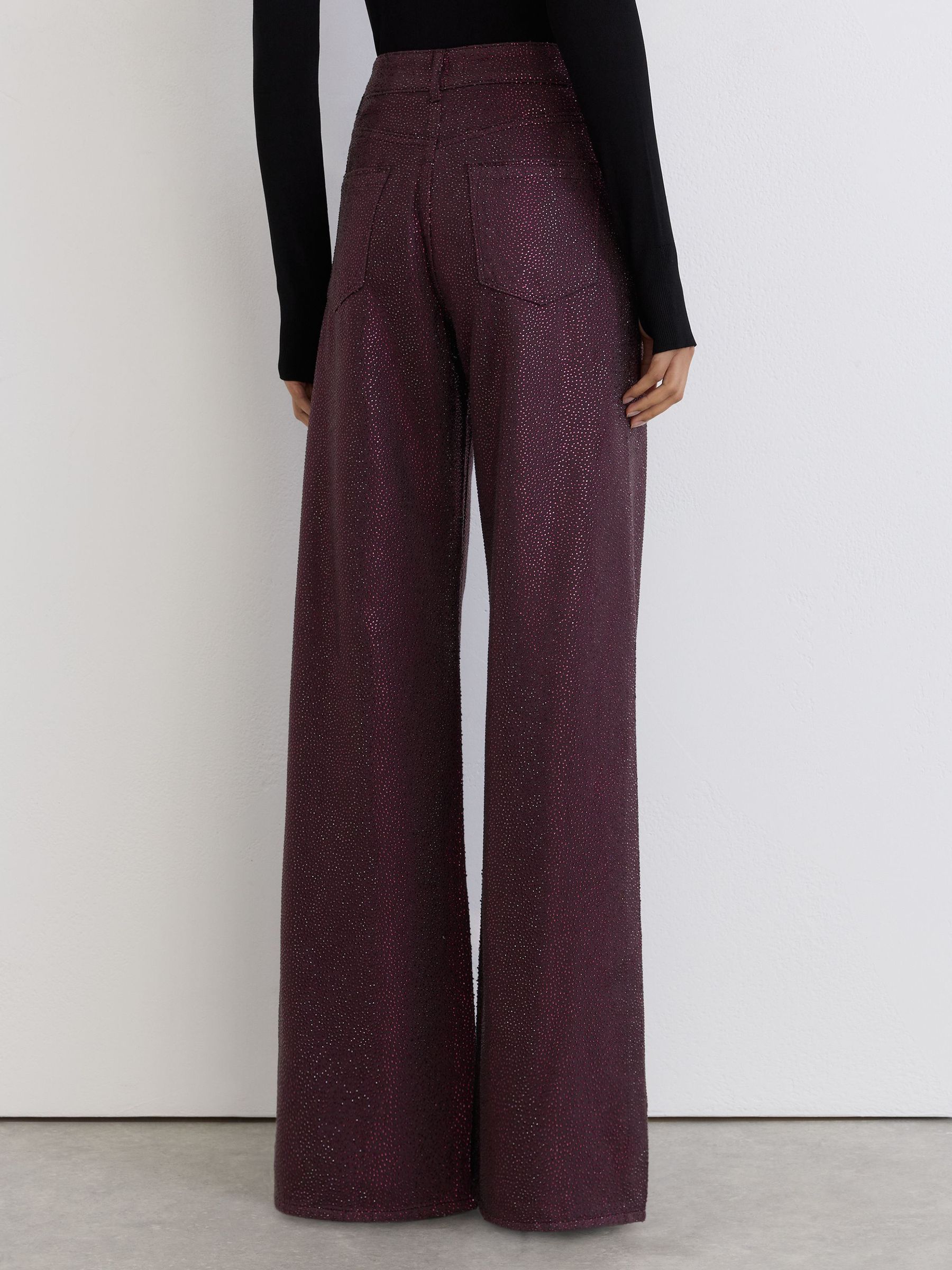 Cotton-Lyocell Sparkle Wide-Leg Jeans in Burgundy - Image 6 of 7