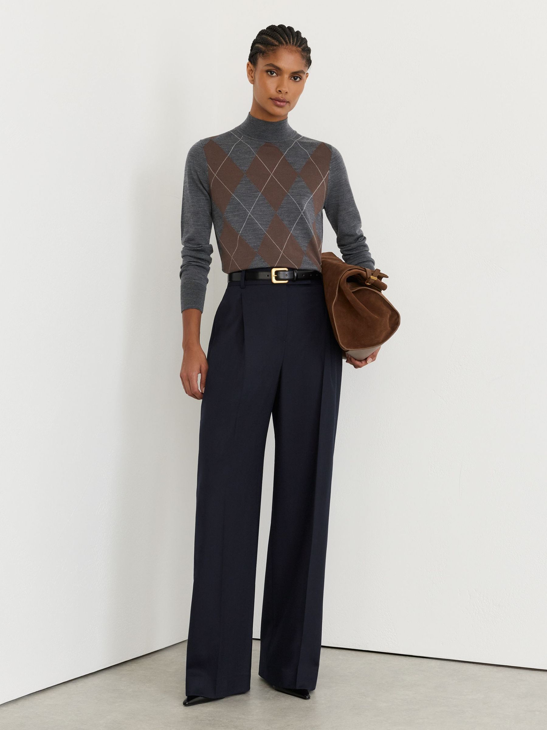Petite Wool-Blend Wide-Leg Pleated Trousers in Navy by Reiss