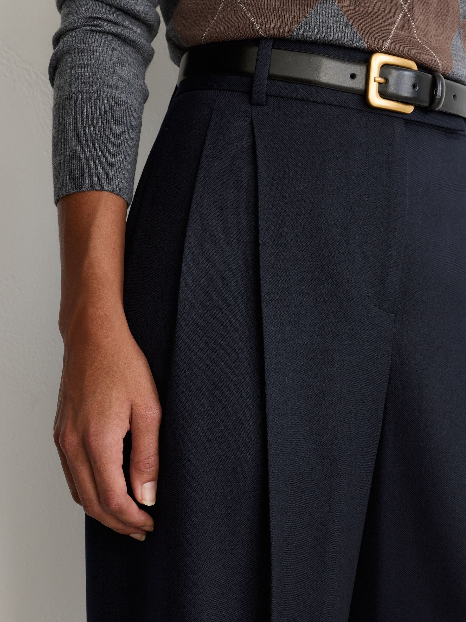 Petite Wool-Blend Wide-Leg Pleated Trousers in Navy - Image 4 of 8
