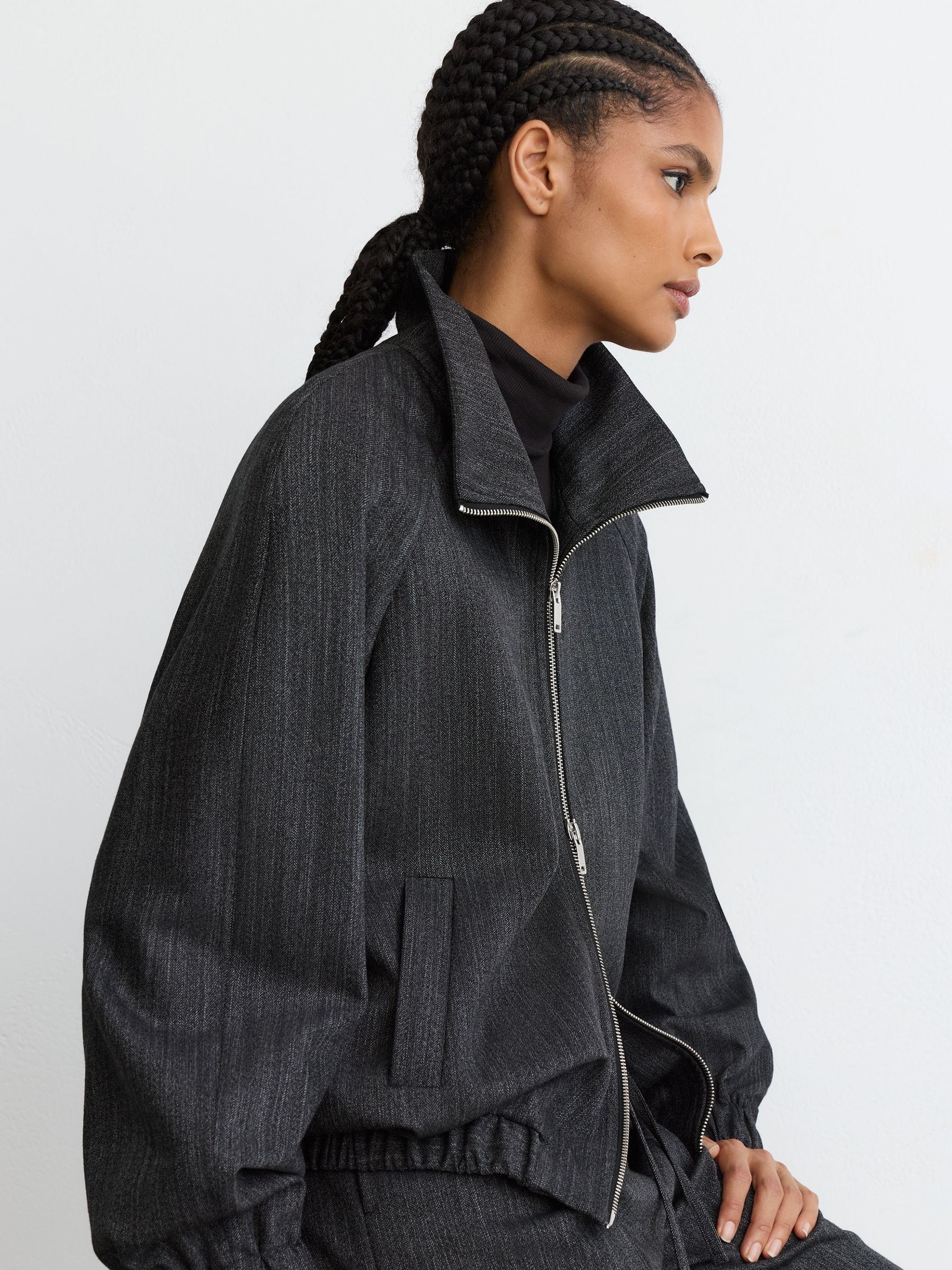 Wool-Blend Herringbone Bomber Jacket in Charcoal Grey - Image 1 of 8