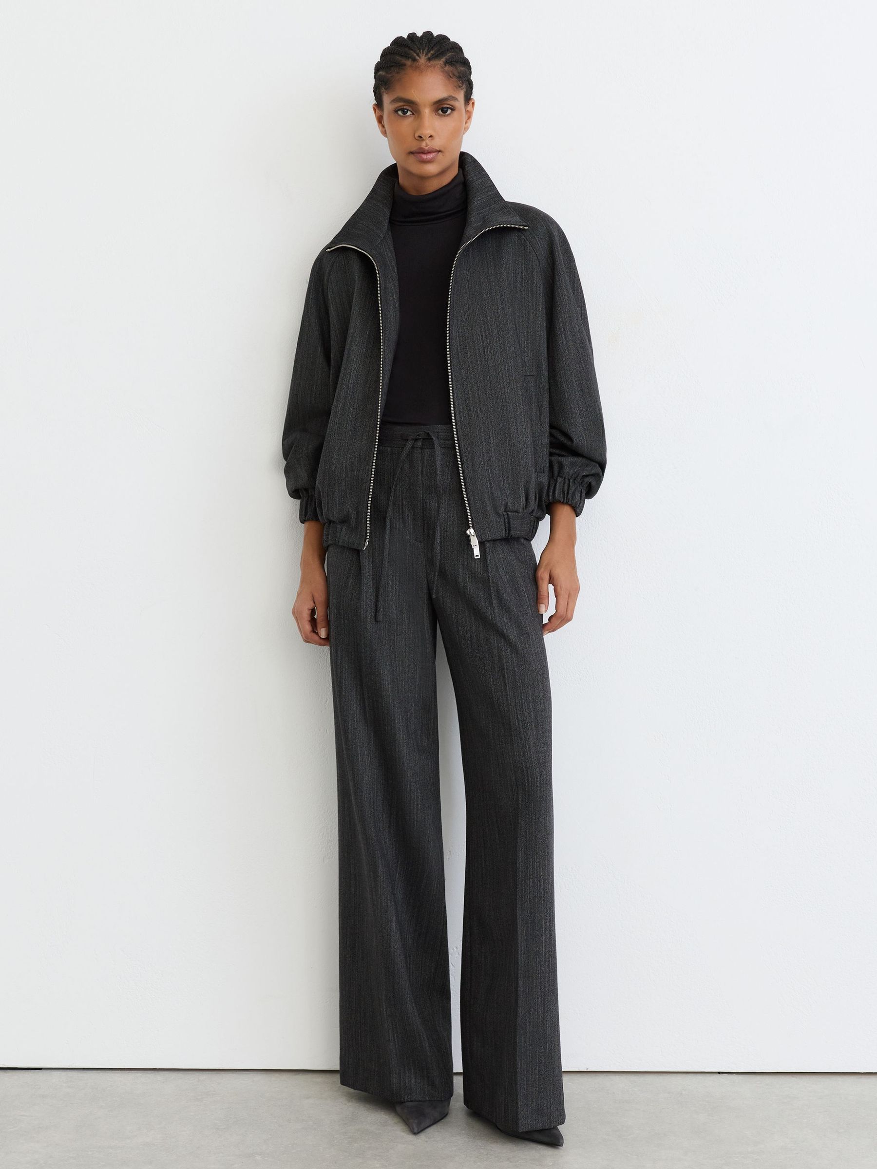 Wool-Blend Herringbone Bomber Jacket in Charcoal Grey - Image 3 of 8