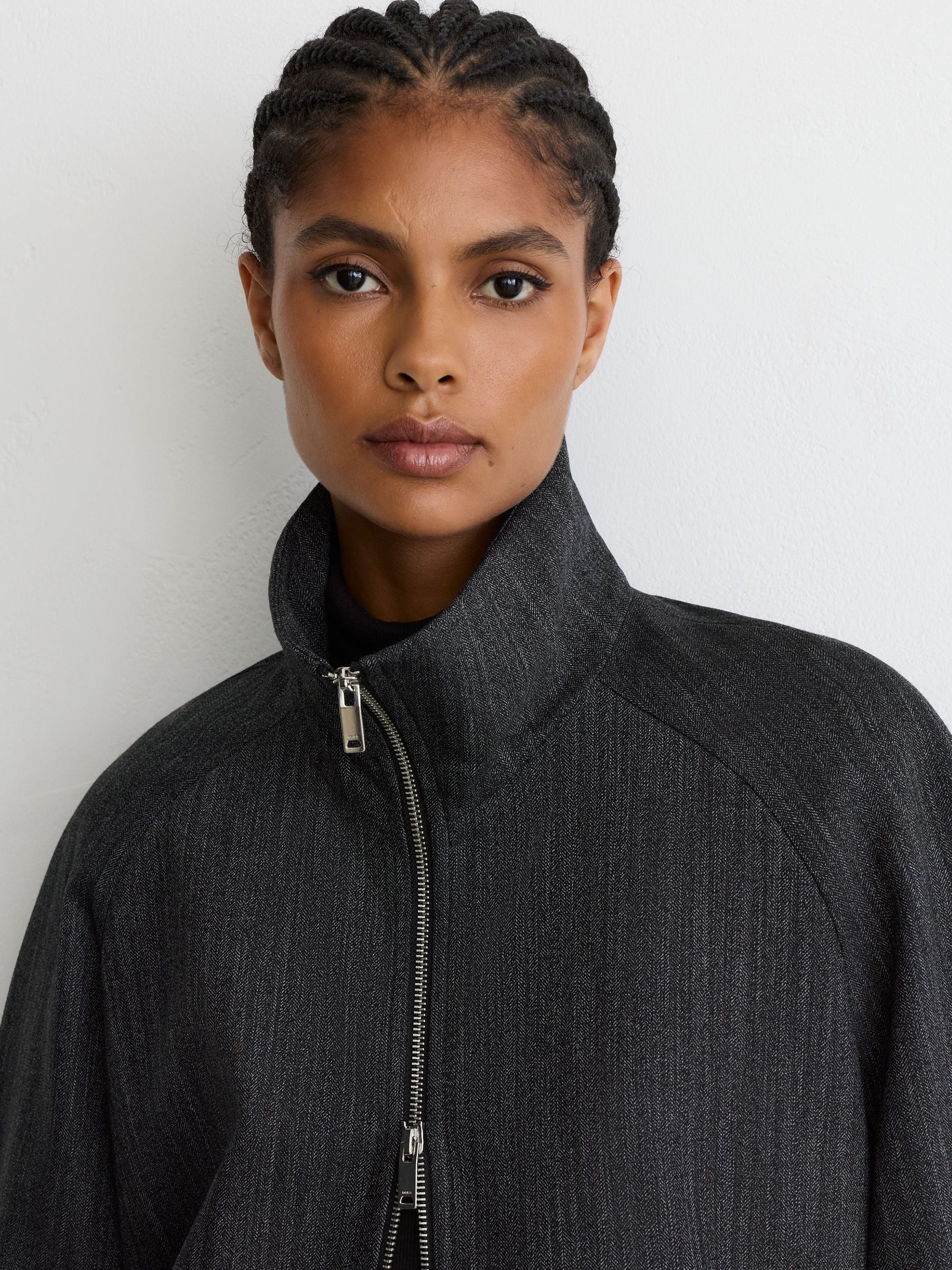 Wool-Blend Herringbone Bomber Jacket in Charcoal Grey - Image 6 of 8