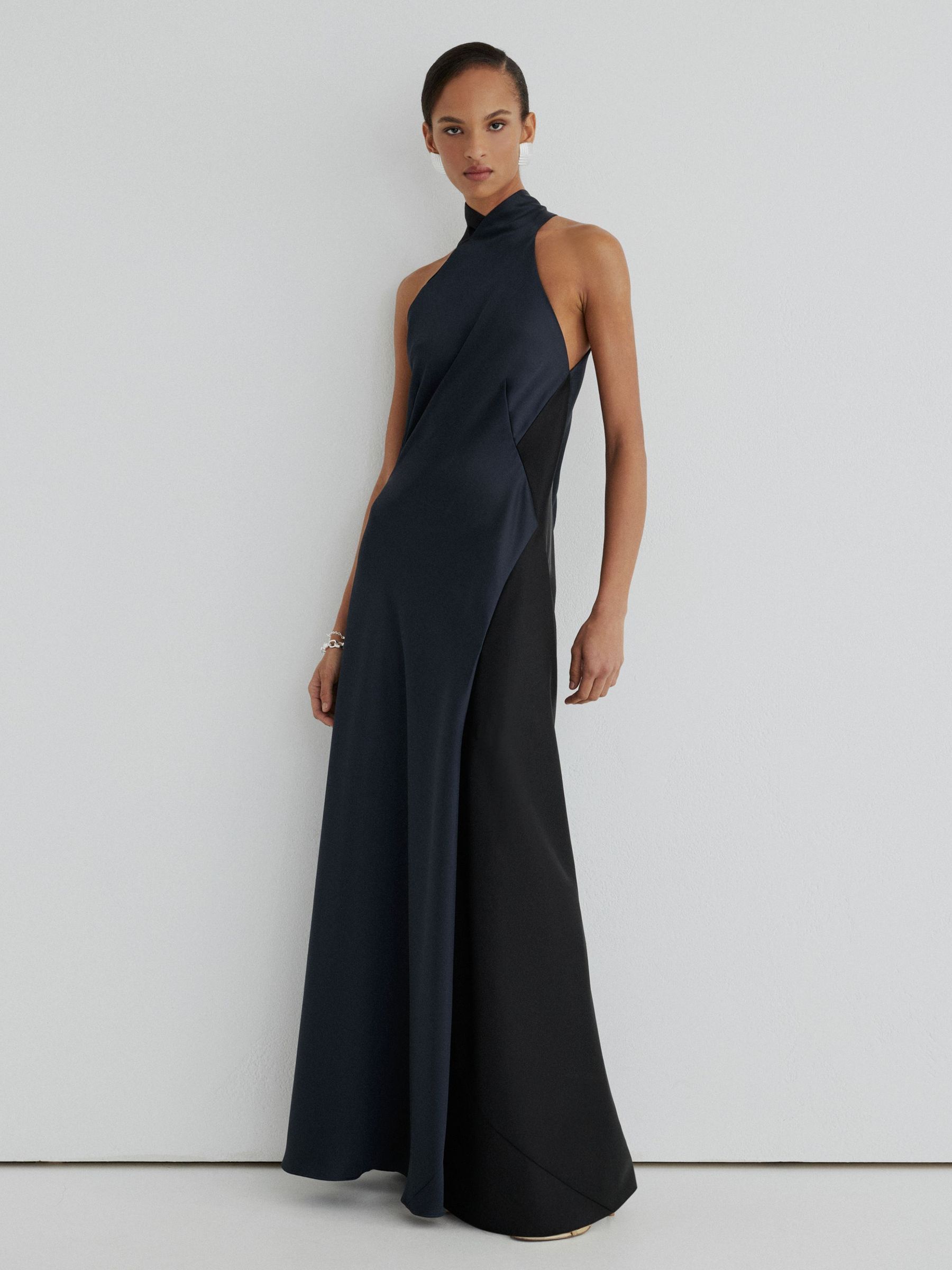 Atelier Satin High-Neck Open-Back Maxi Dress in Navy/Black - Image 1 of 7