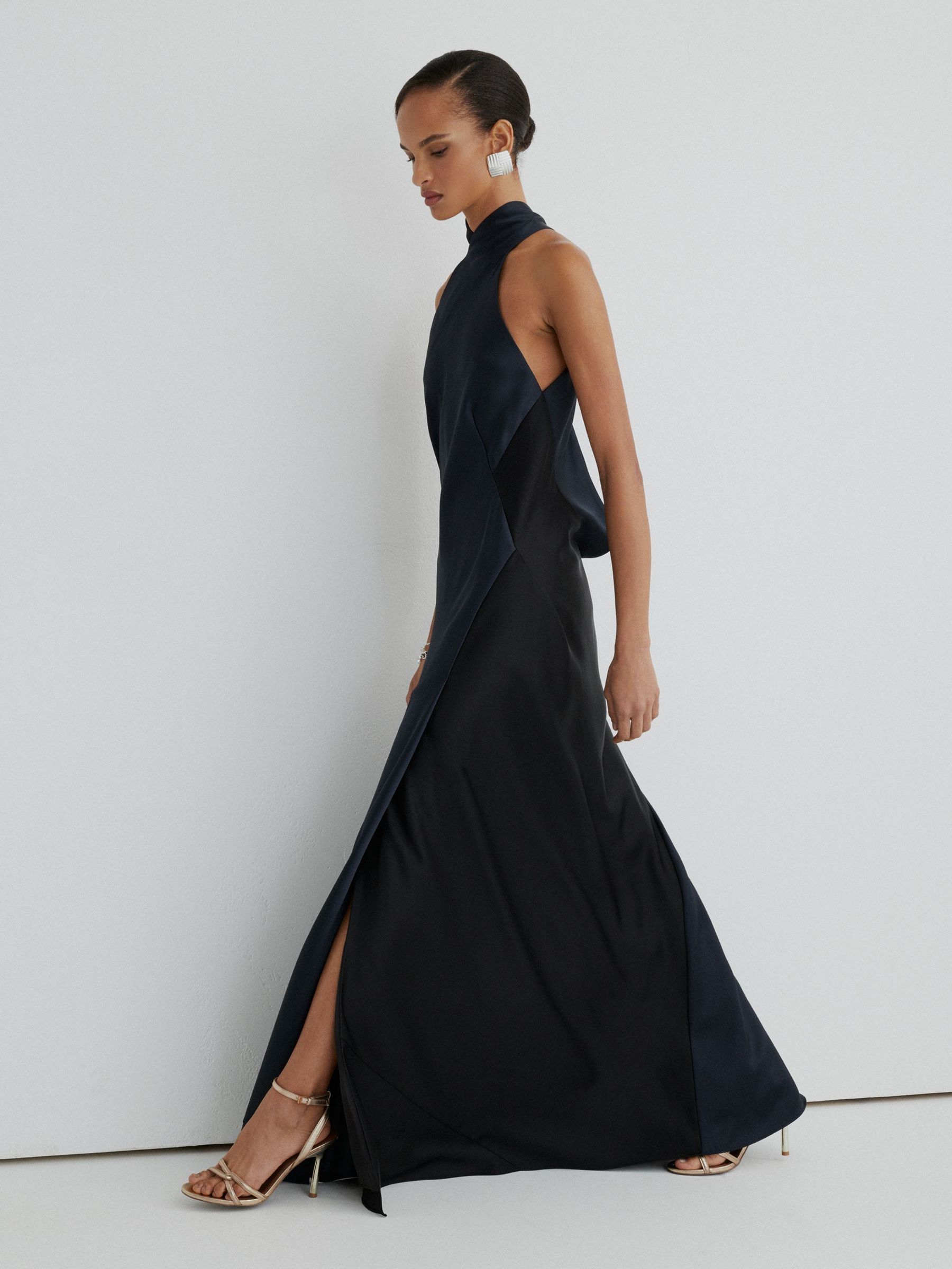 Atelier Satin High-Neck Open-Back Maxi Dress in Navy/Black - Image 3 of 7