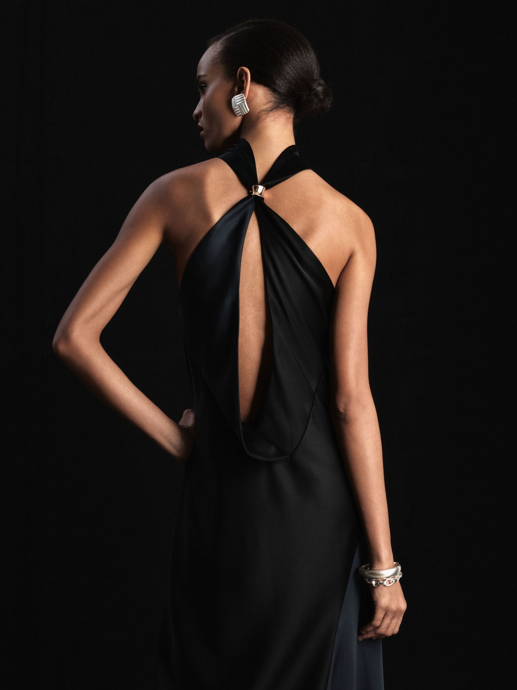 Atelier Satin High-Neck Open-Back Maxi Dress in Navy/Black - Image 5 of 7