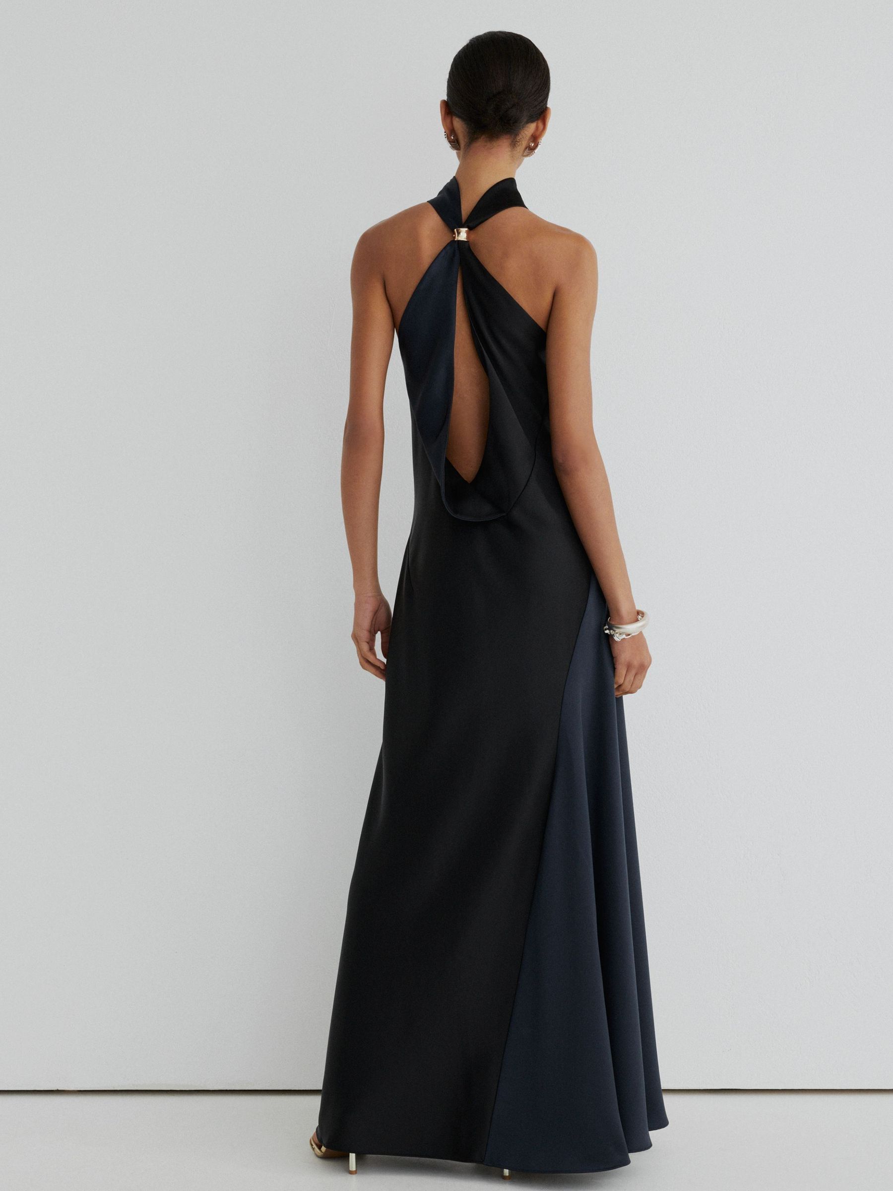Atelier Satin High-Neck Open-Back Maxi Dress in Navy/Black - Image 6 of 7