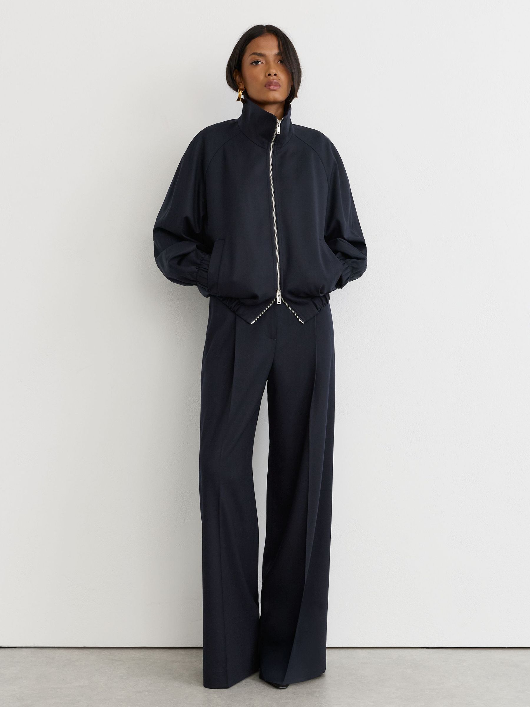 Wool-Blend Dual-Zip Bomber Jacket in Navy by Reiss