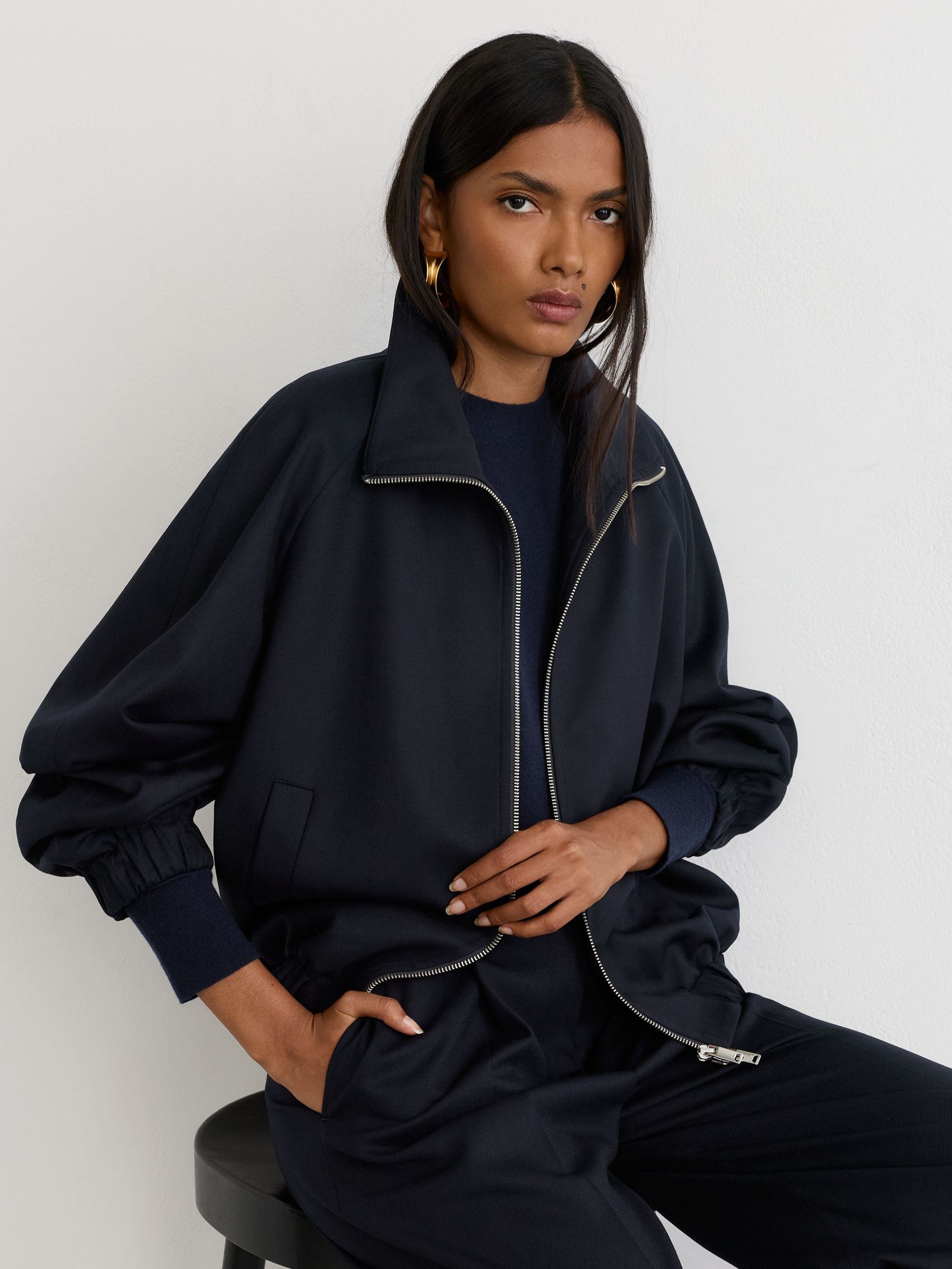 Wool-Blend Dual-Zip Bomber Jacket in Navy - Image 4 of 6