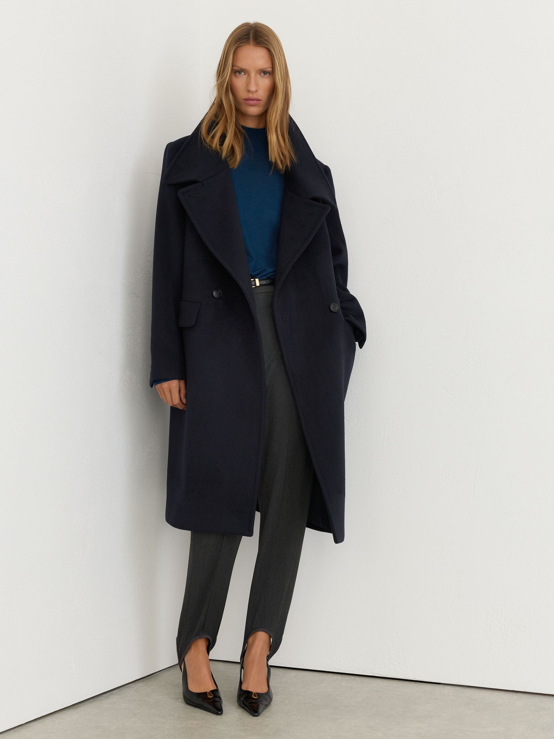Petite Wool-Blend Relaxed-Fit Double-Breasted Coat in Navy - Image 3 of 9