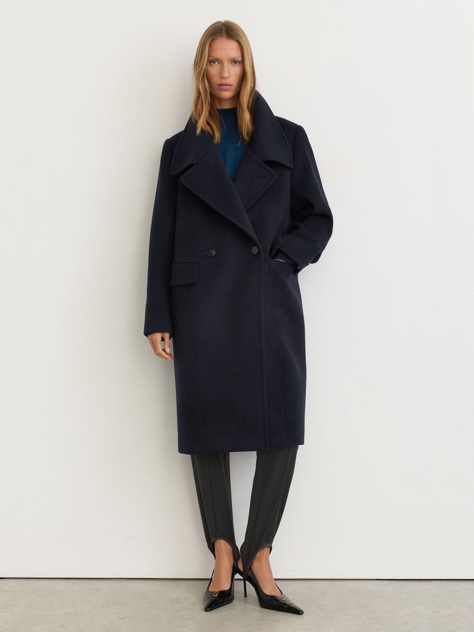 Petite Wool-Blend Relaxed-Fit Double-Breasted Coat in Navy - Image 6 of 9