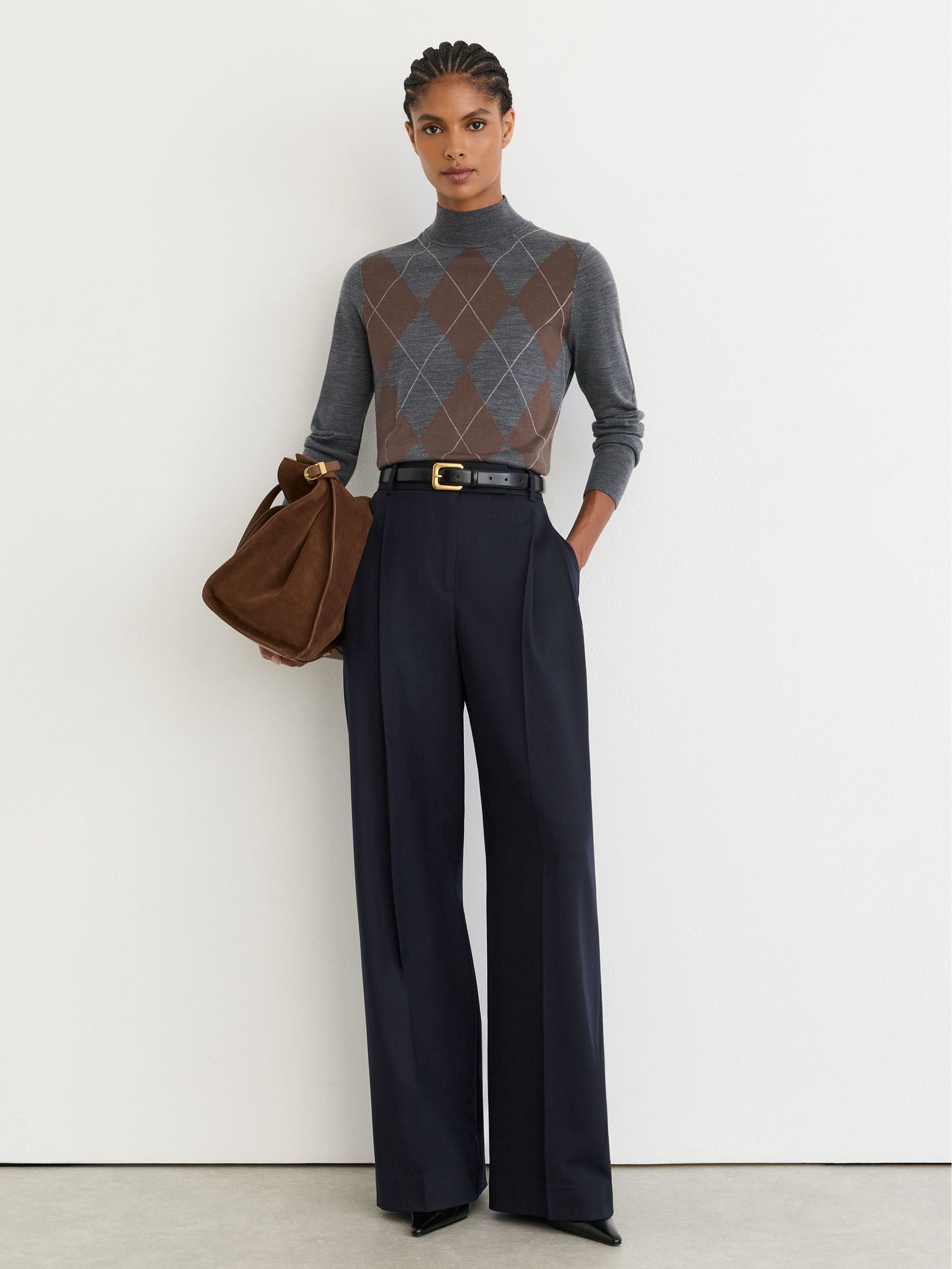Wool-Blend Wide-Leg Pleated Trousers in Navy - Image 1 of 7