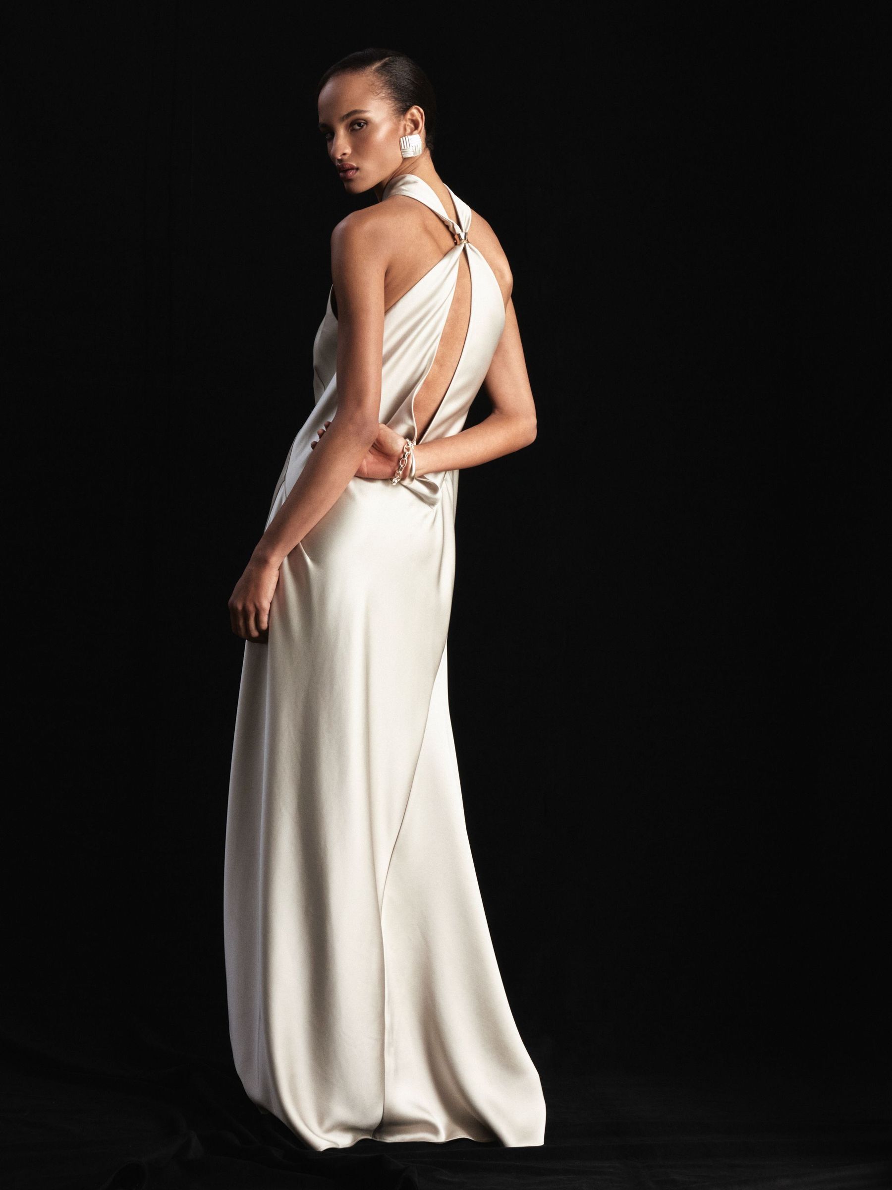 Atelier Satin High-Neck Open-Back Maxi Dress in Grey by Reiss