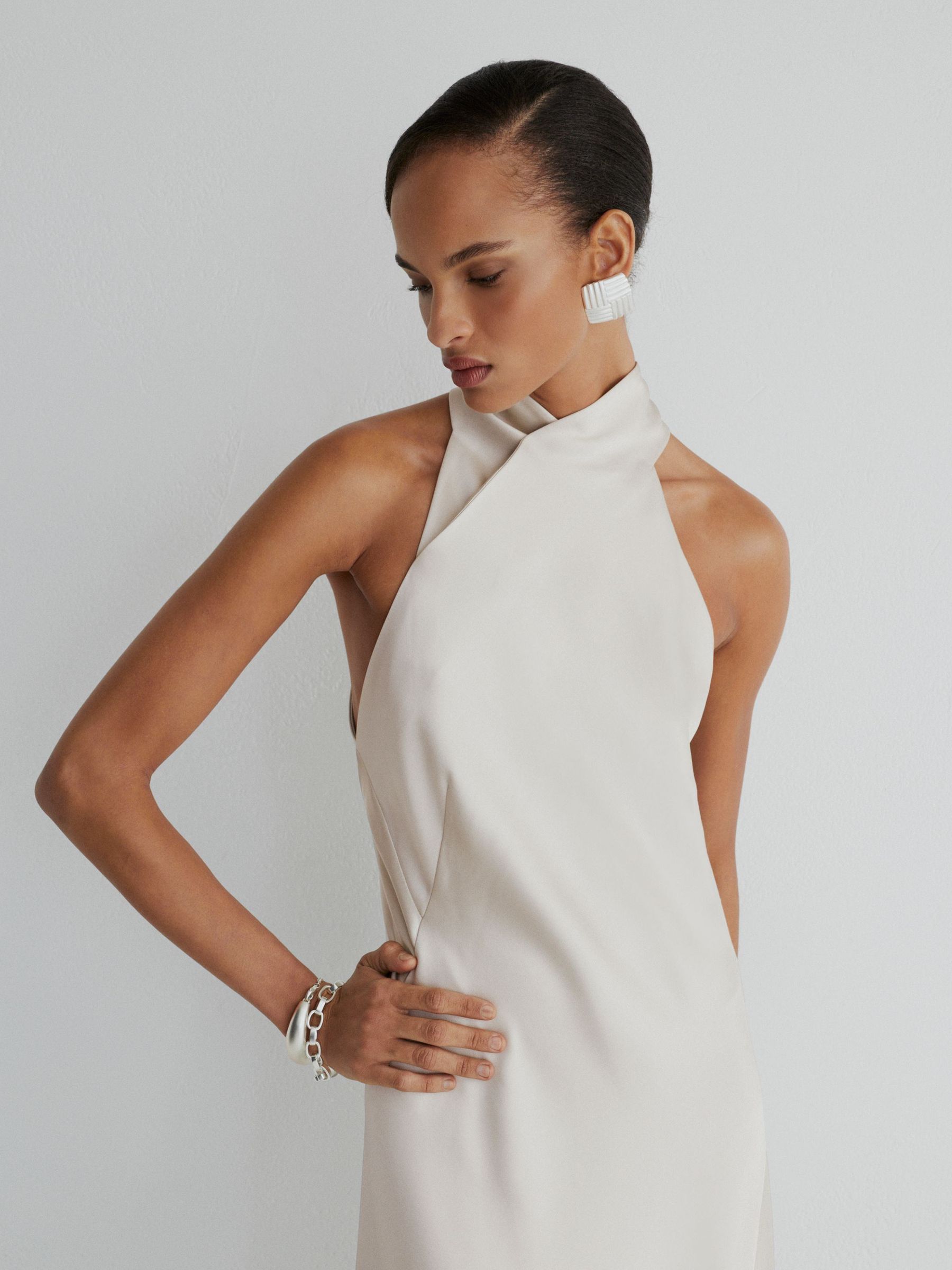 Atelier Satin High-Neck Open-Back Maxi Dress in Grey - Image 3 of 8